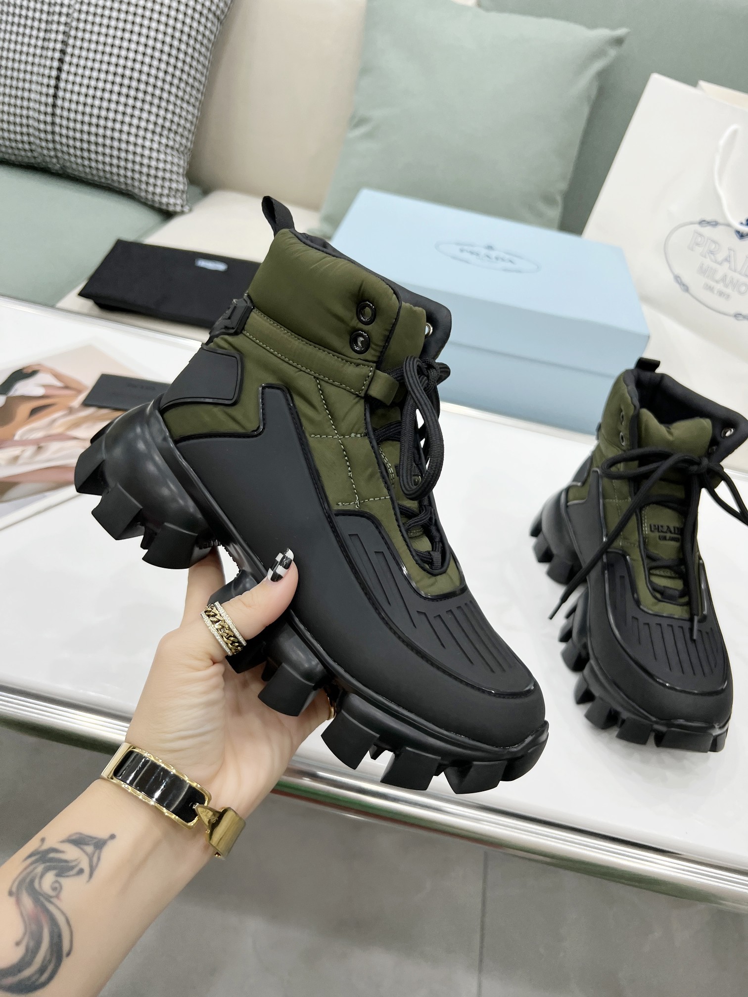 Prada Cloudbust Thunder High-Top Sneakers Forest Green/Black For Women 1.9in/50mm PRD 2TG189_3LGO_F0B80_F_G000