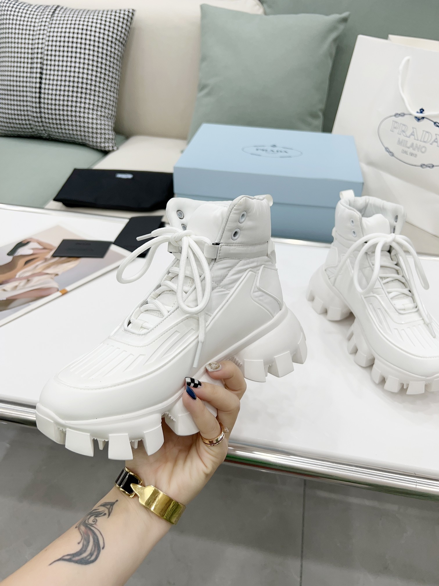 Prada Cloudbust Thunder High-Top Sneakers White For Women 1.9in/50mm PRD