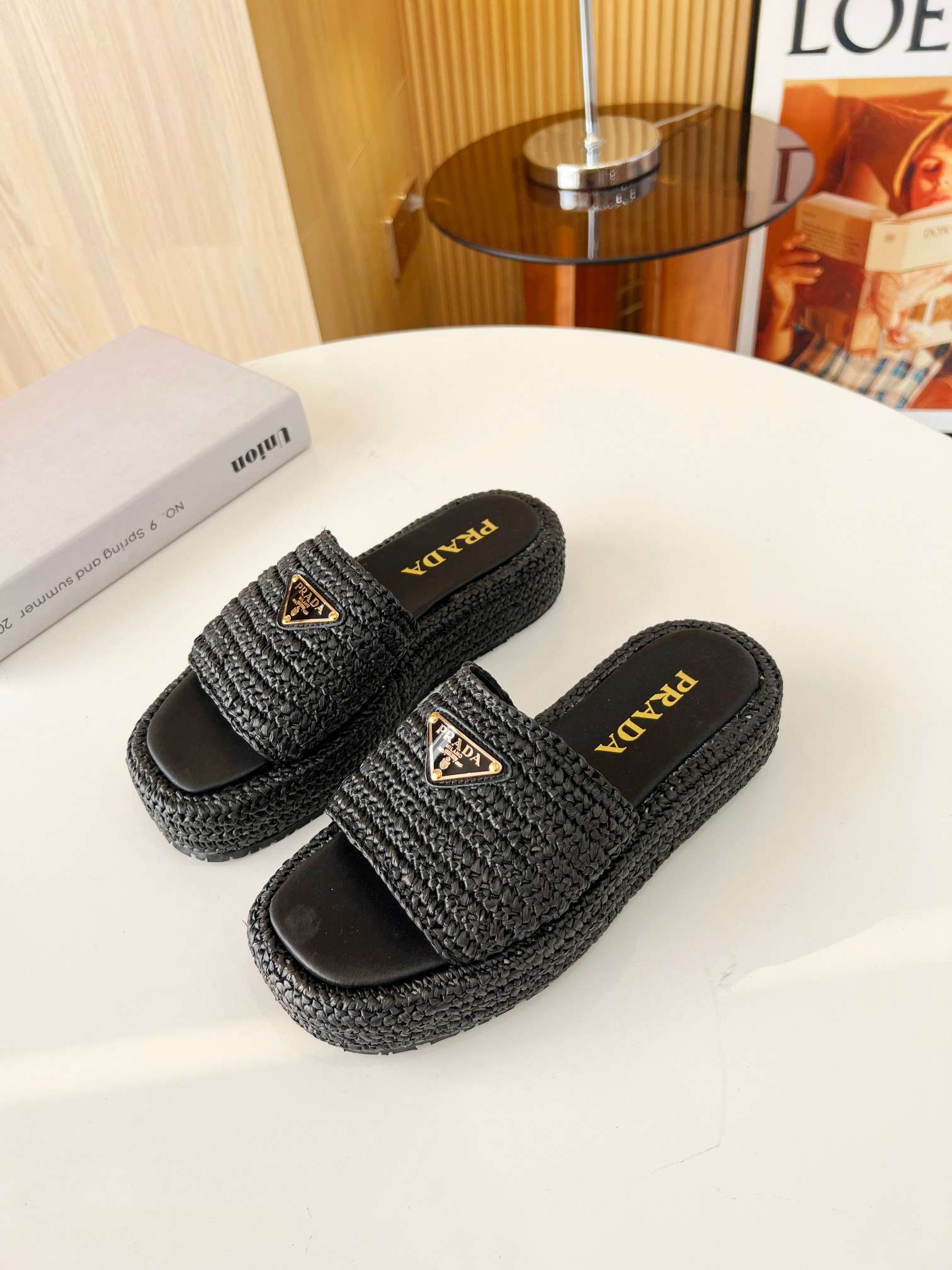 Prada Crochet Flatform Slides Black For Women