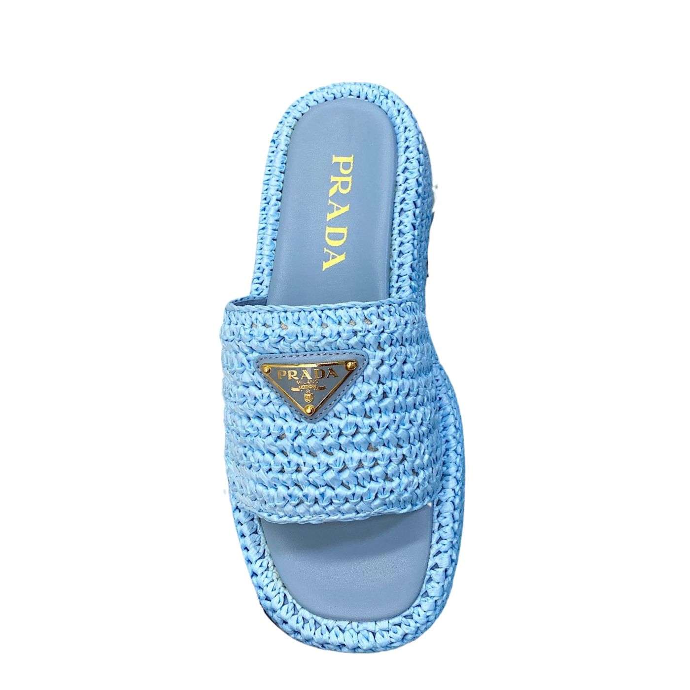 Prada Crochet Flatform Slides Blue For Women