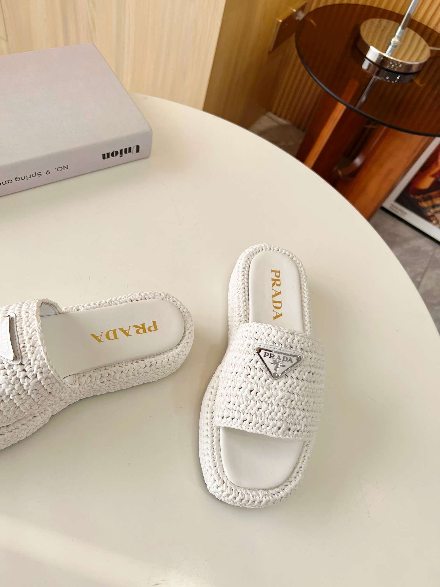 Prada Crochet Flatform Slides White For Women