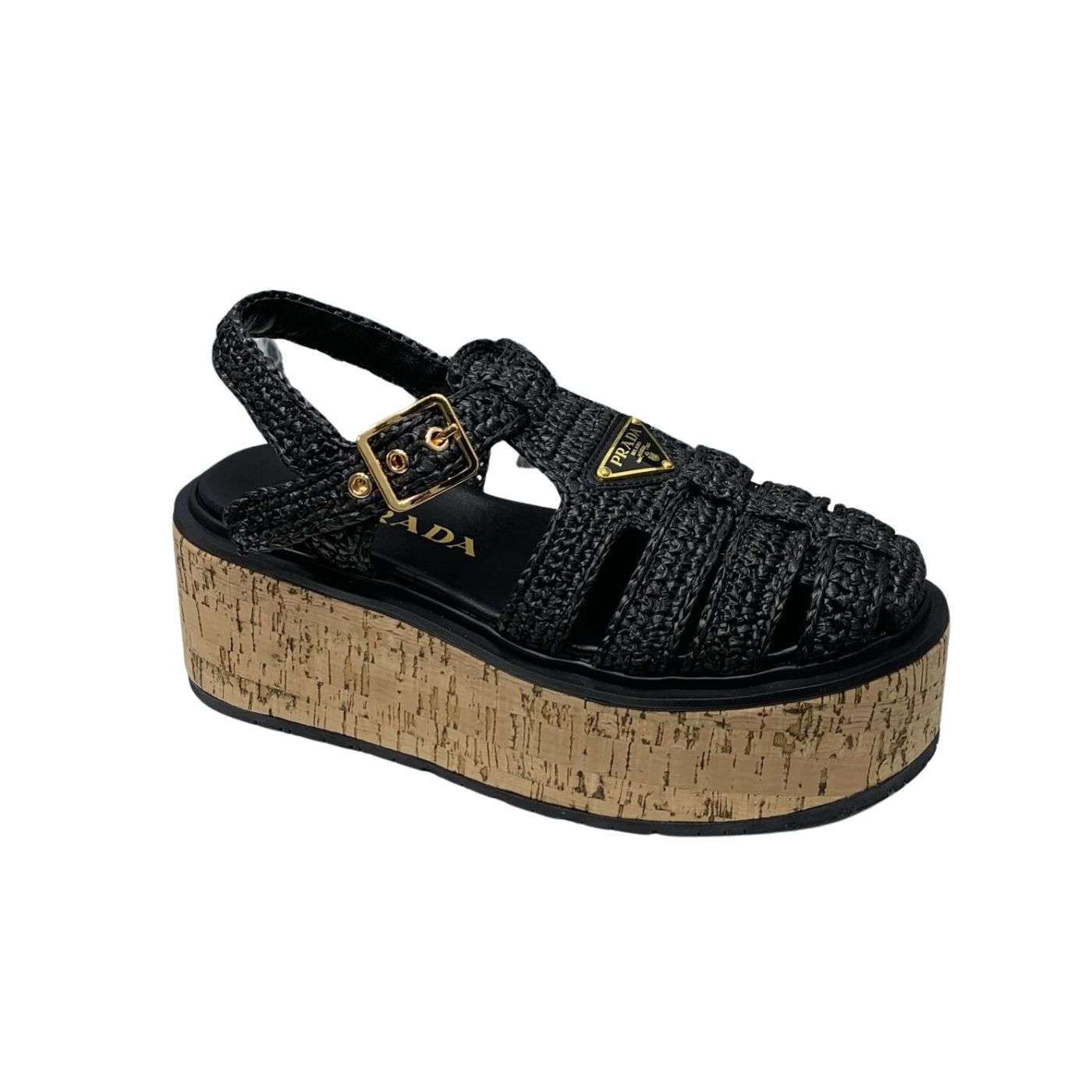 Prada Crochet Wedge Sandals Black For Women