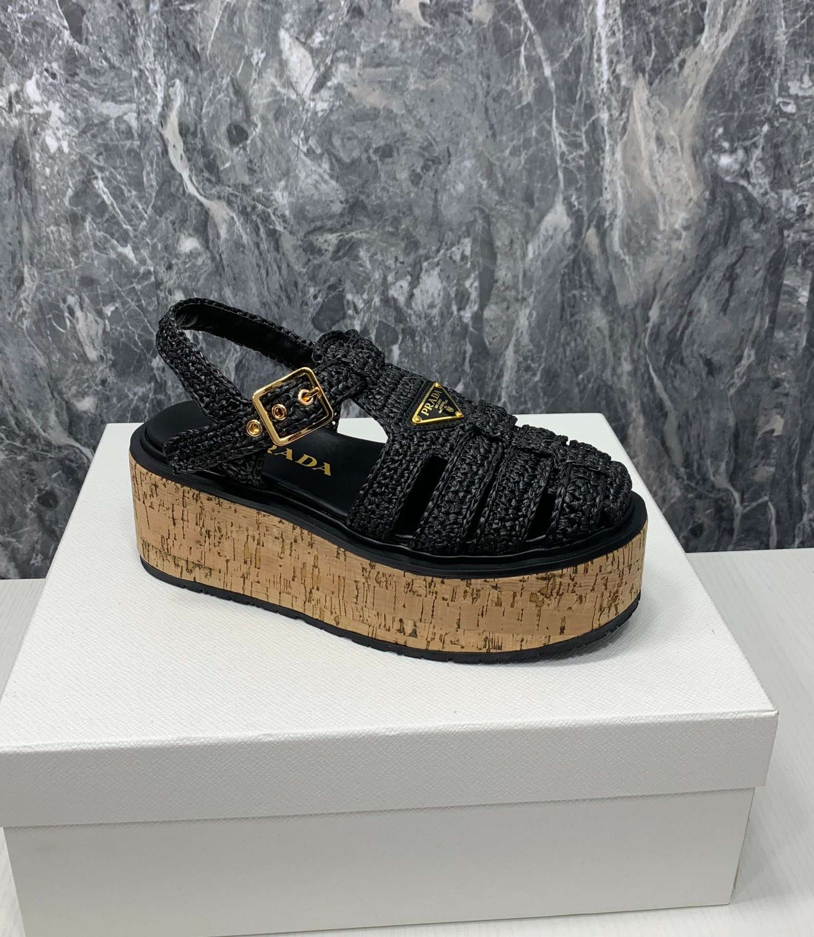 Prada Crochet Wedge Sandals Black For Women
