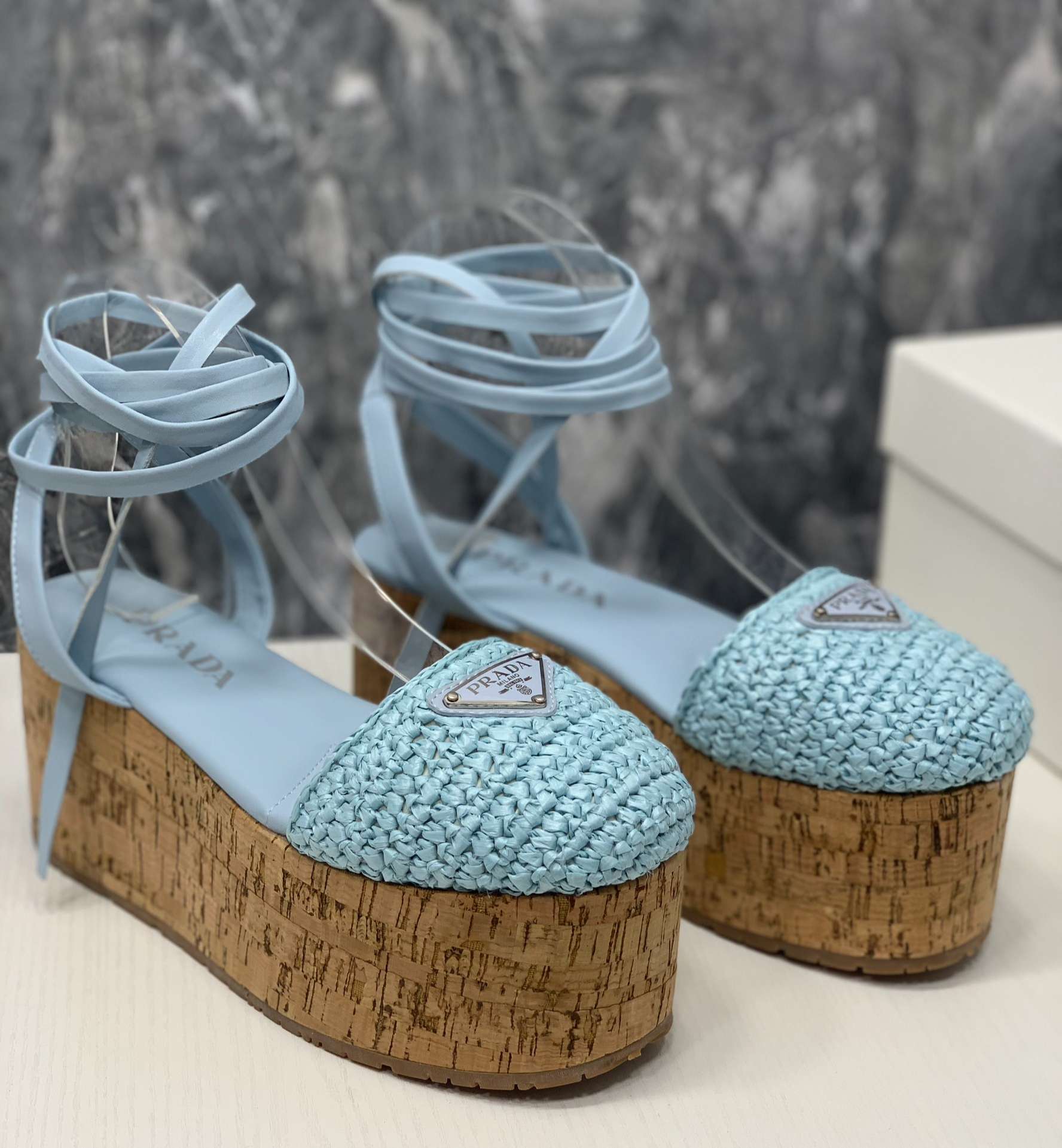 Prada Crochet Wedge Sandals Light Blue For Women