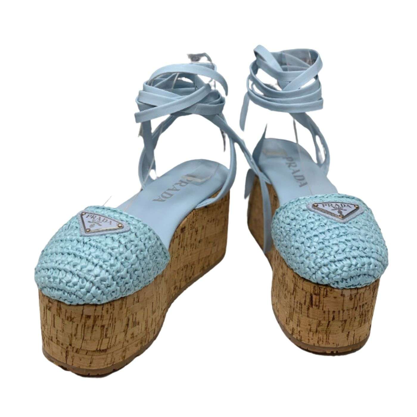 Prada Crochet Wedge Sandals Light Blue For Women