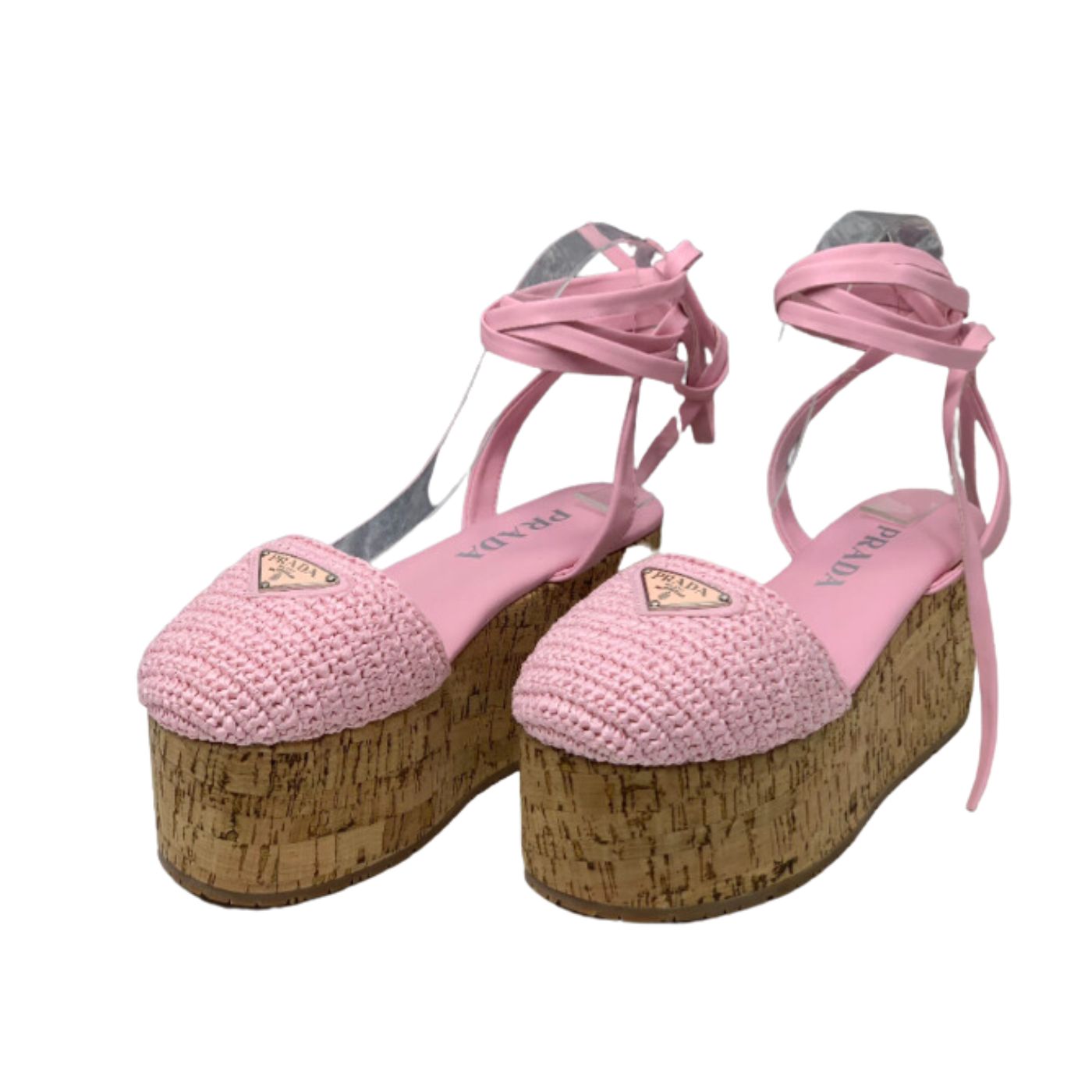 Prada Crochet Wedge Sandals Pink For Women