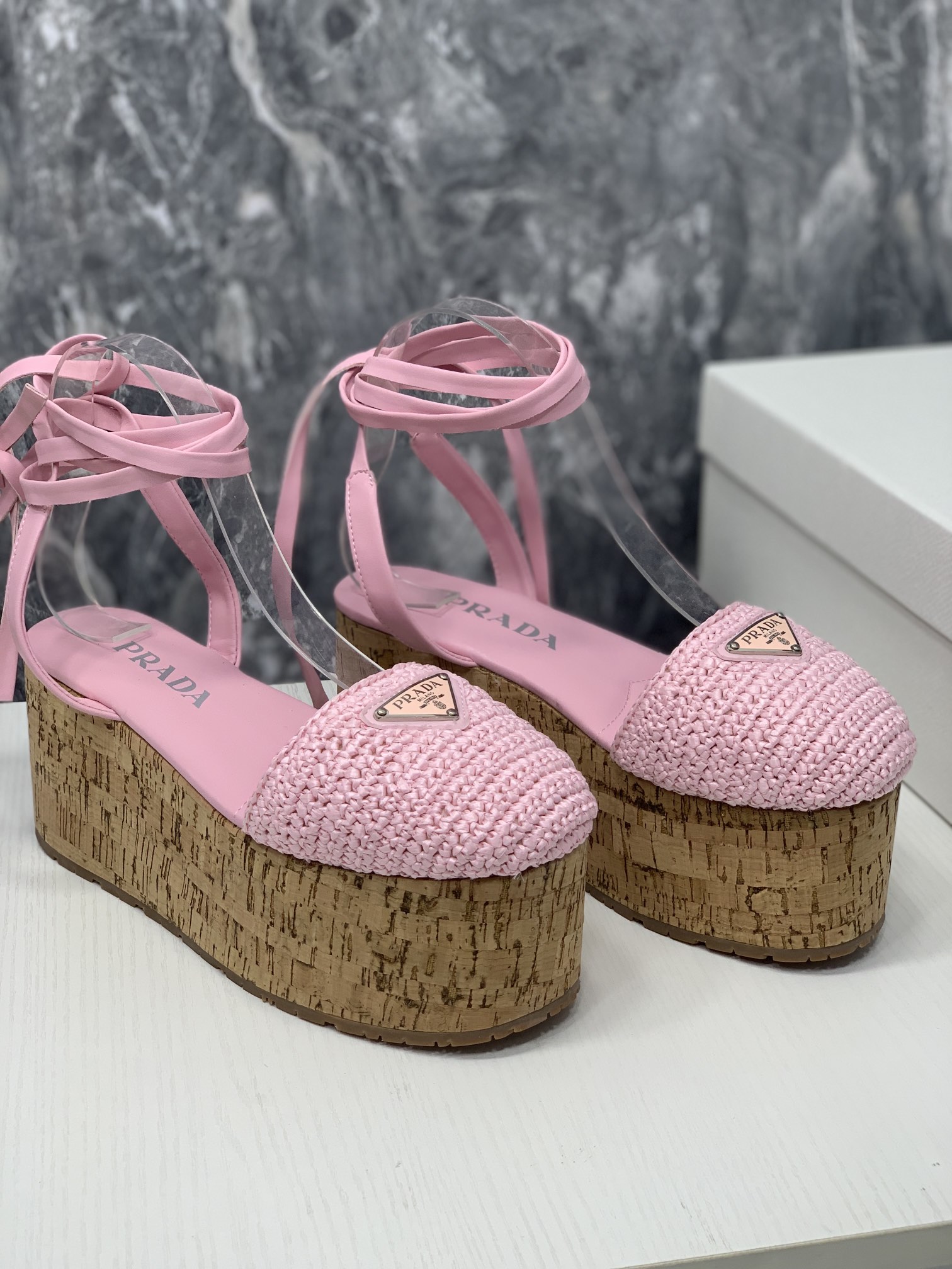 Prada Crochet Wedge Sandals Pink For Women