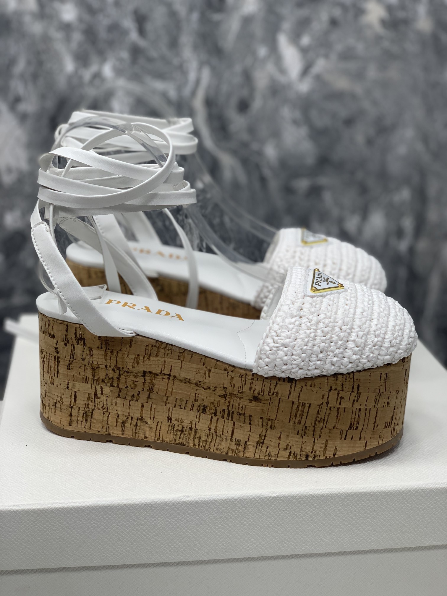 Prada Crochet Wedge Sandals White For Women