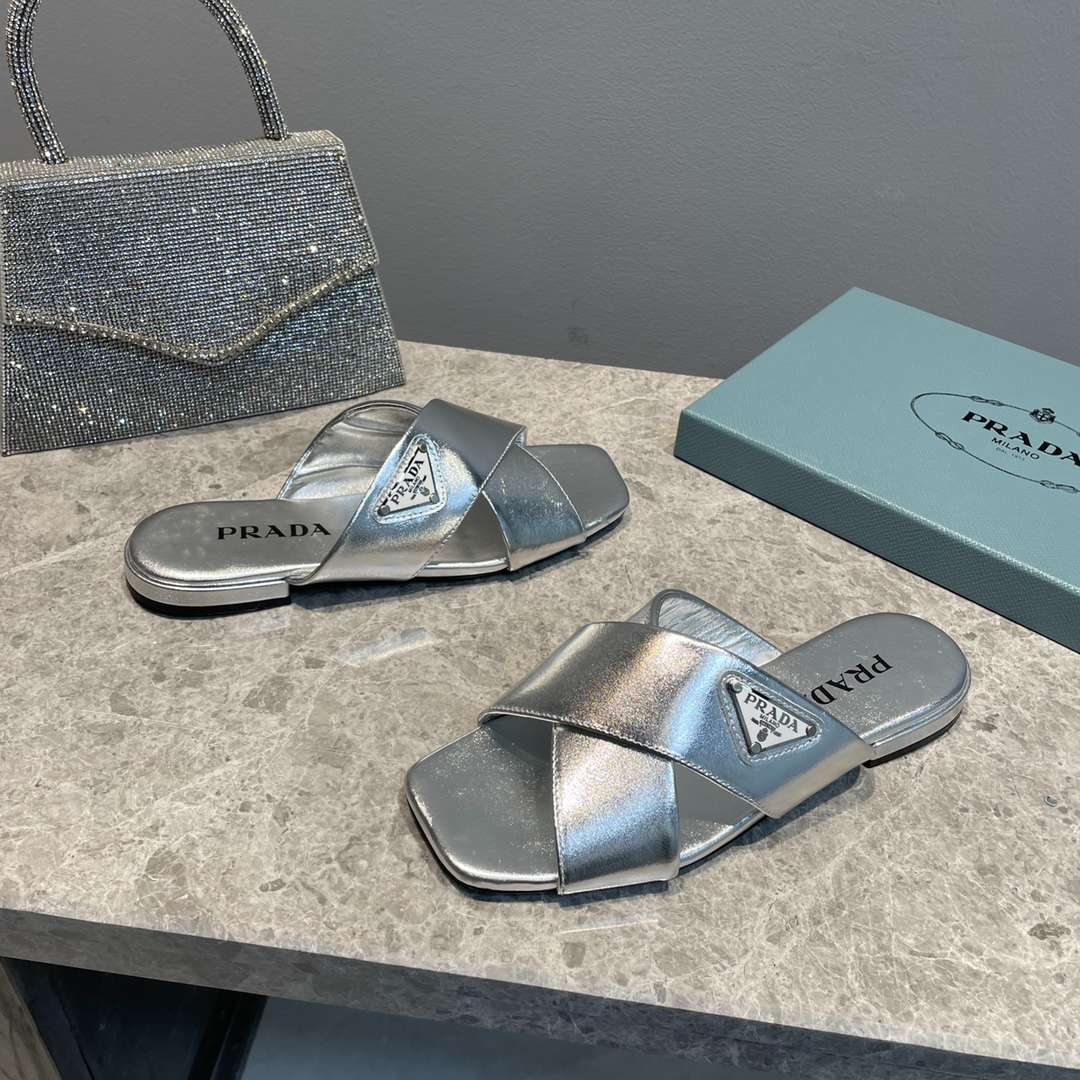 Prada Cross Straps Slides Silver For Women
