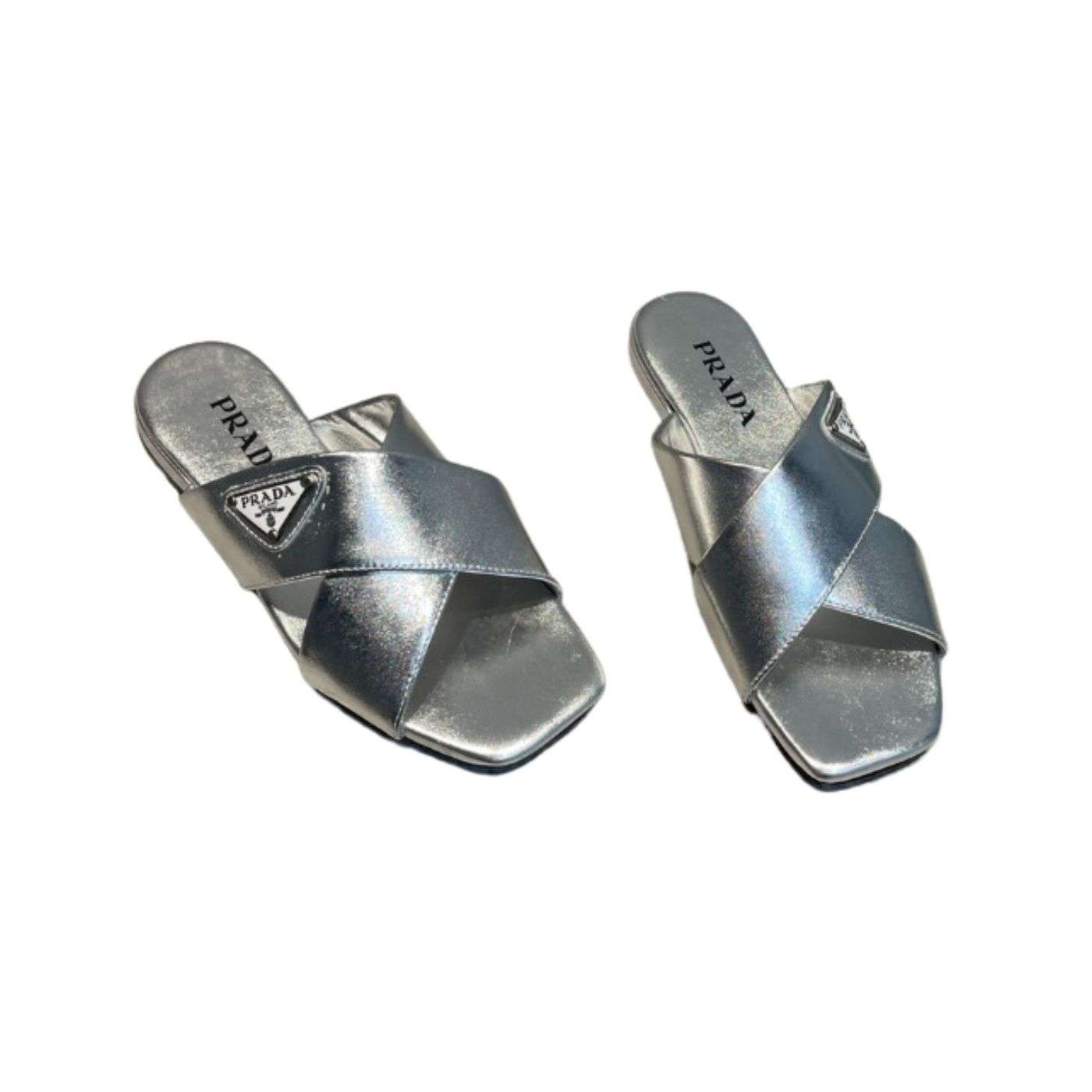 Prada Cross Straps Slides Silver For Women