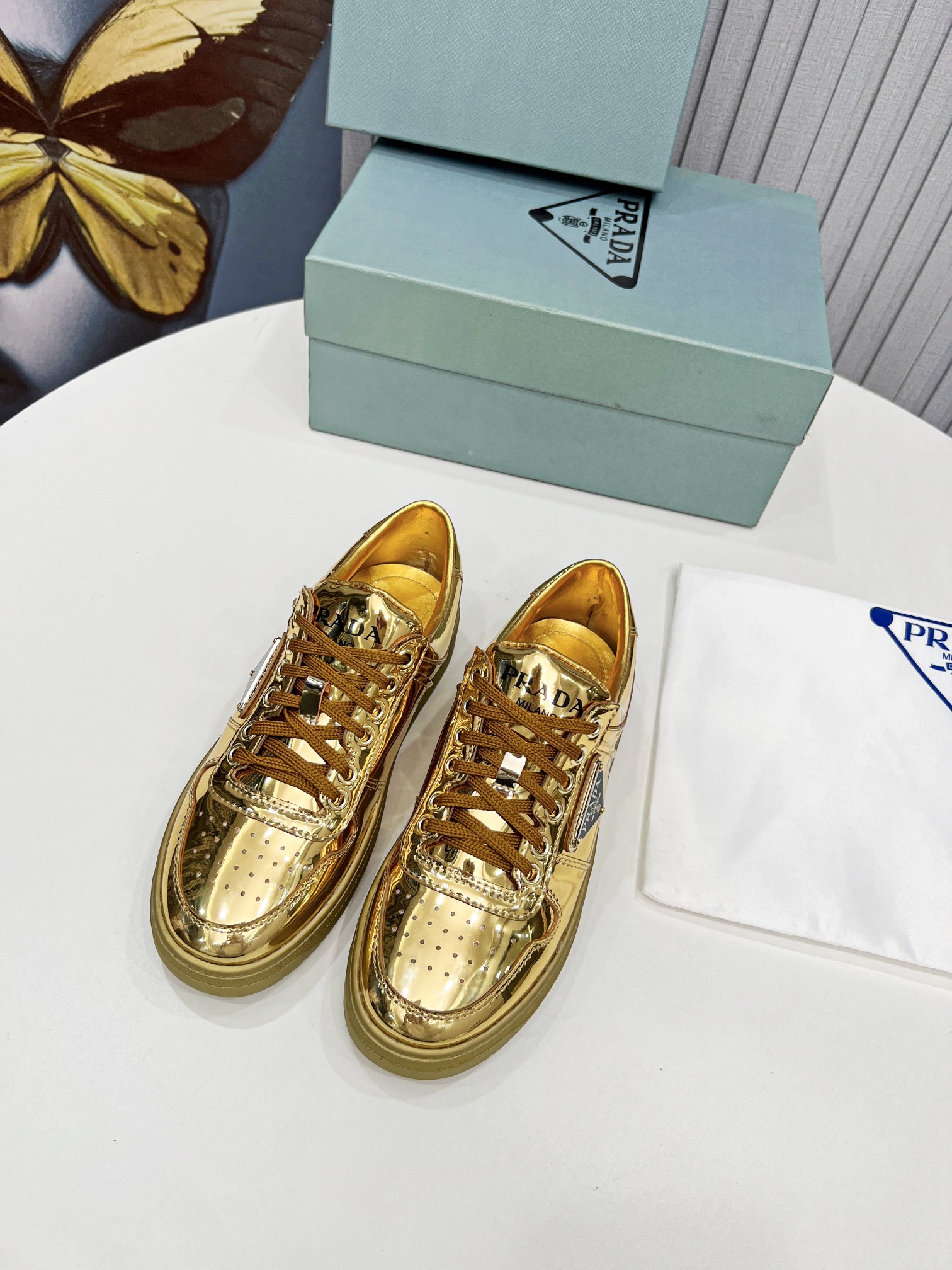 Prada Downtown Metallic Sneakers Gold Tone For Women 1.2 in/ 3 cm 1E792M_3AU1_F0522_F_030