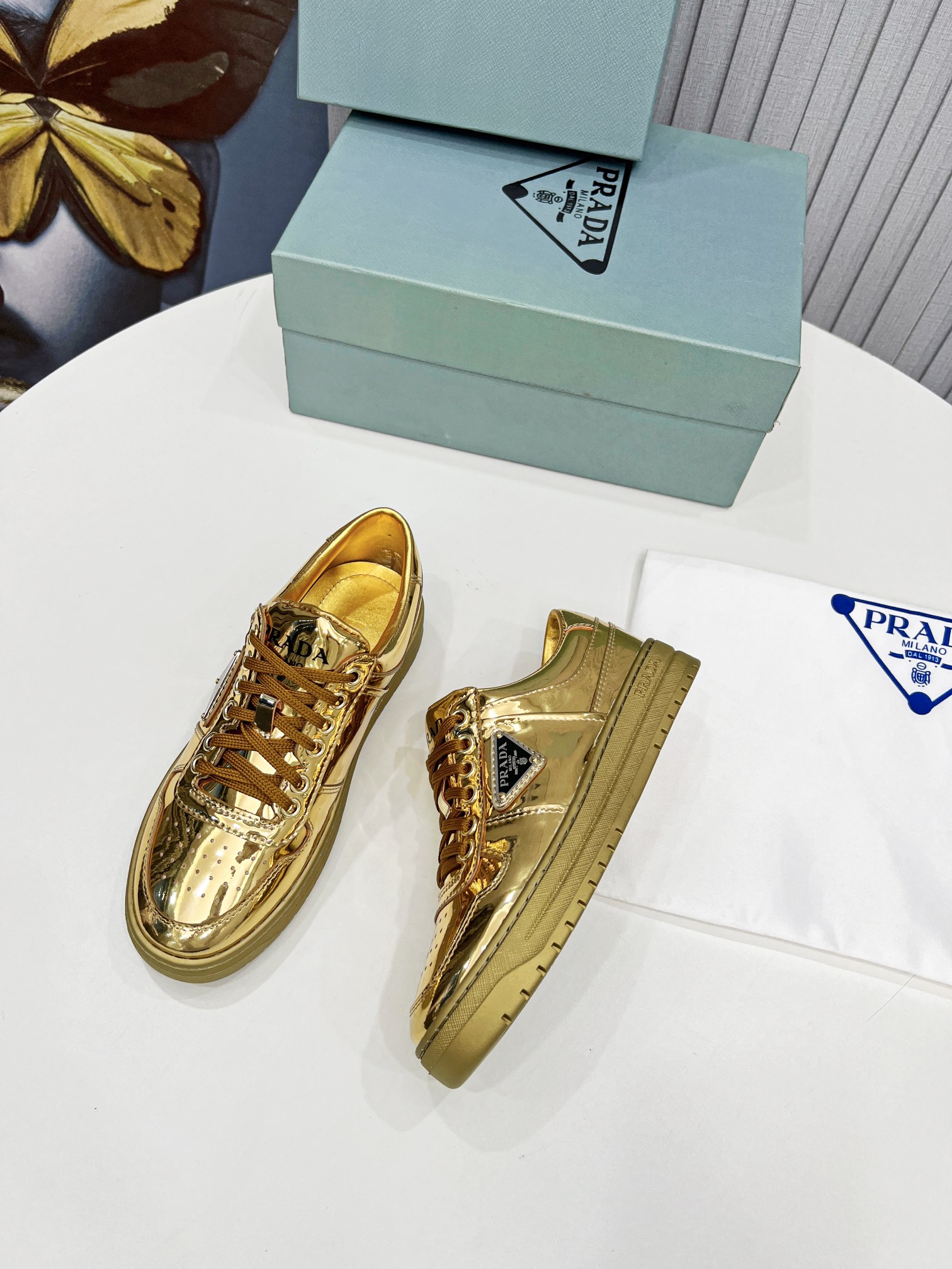 Prada Downtown Metallic Sneakers Gold Tone For Women 1.2 in/ 3 cm 1E792M_3AU1_F0522_F_030