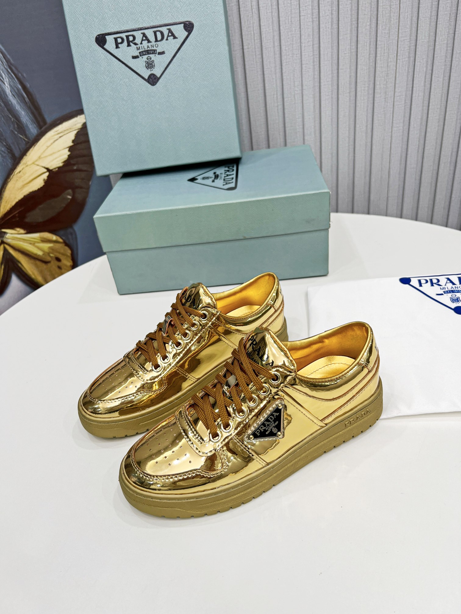 Prada Downtown Metallic Sneakers Gold Tone For Women 1.2 in/ 3 cm 1E792M_3AU1_F0522_F_030