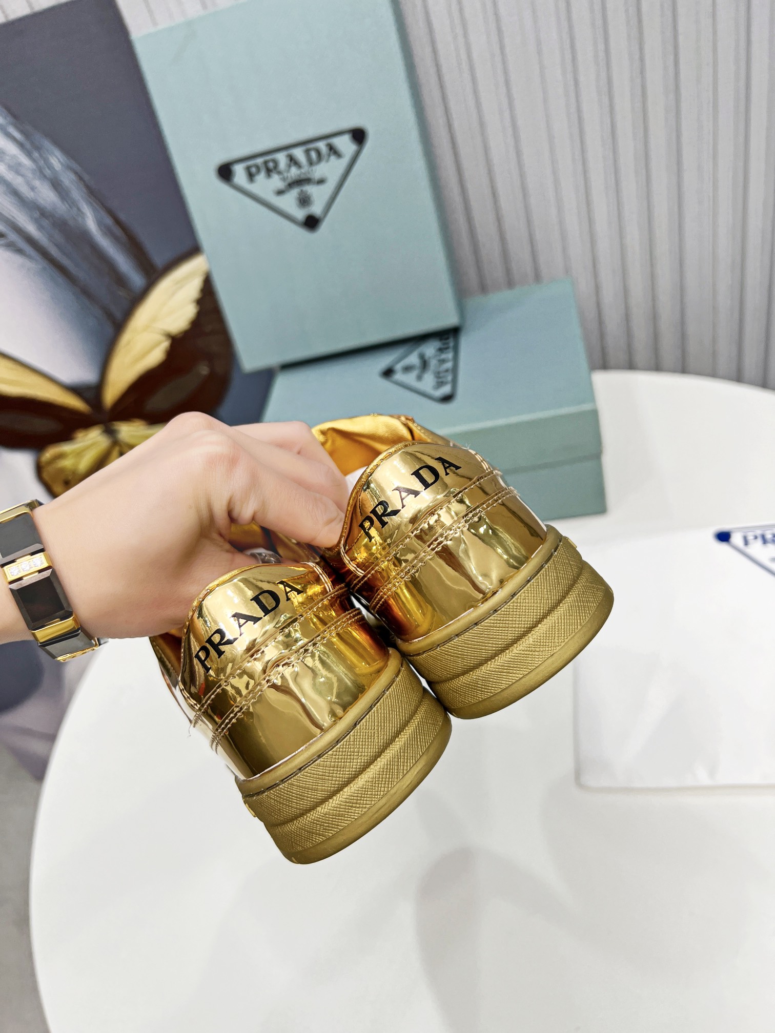 Prada Downtown Metallic Sneakers Gold Tone For Women 1.2 in/ 3 cm 1E792M_3AU1_F0522_F_030