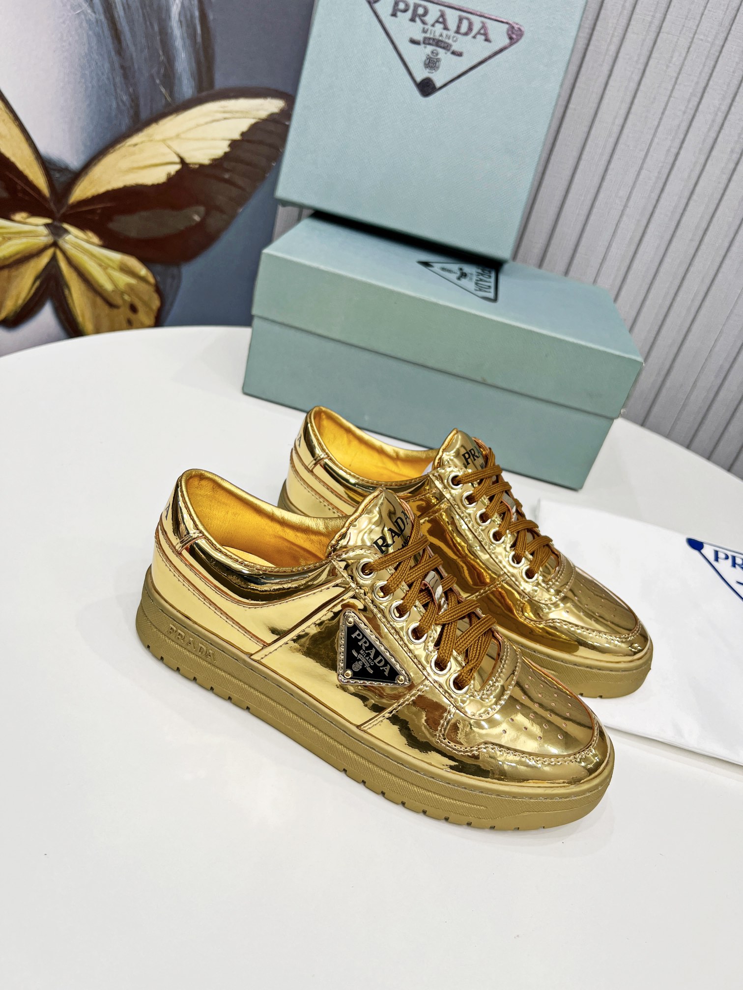 Prada Downtown Metallic Sneakers Gold Tone For Women 1.2 in/ 3 cm 1E792M_3AU1_F0522_F_030