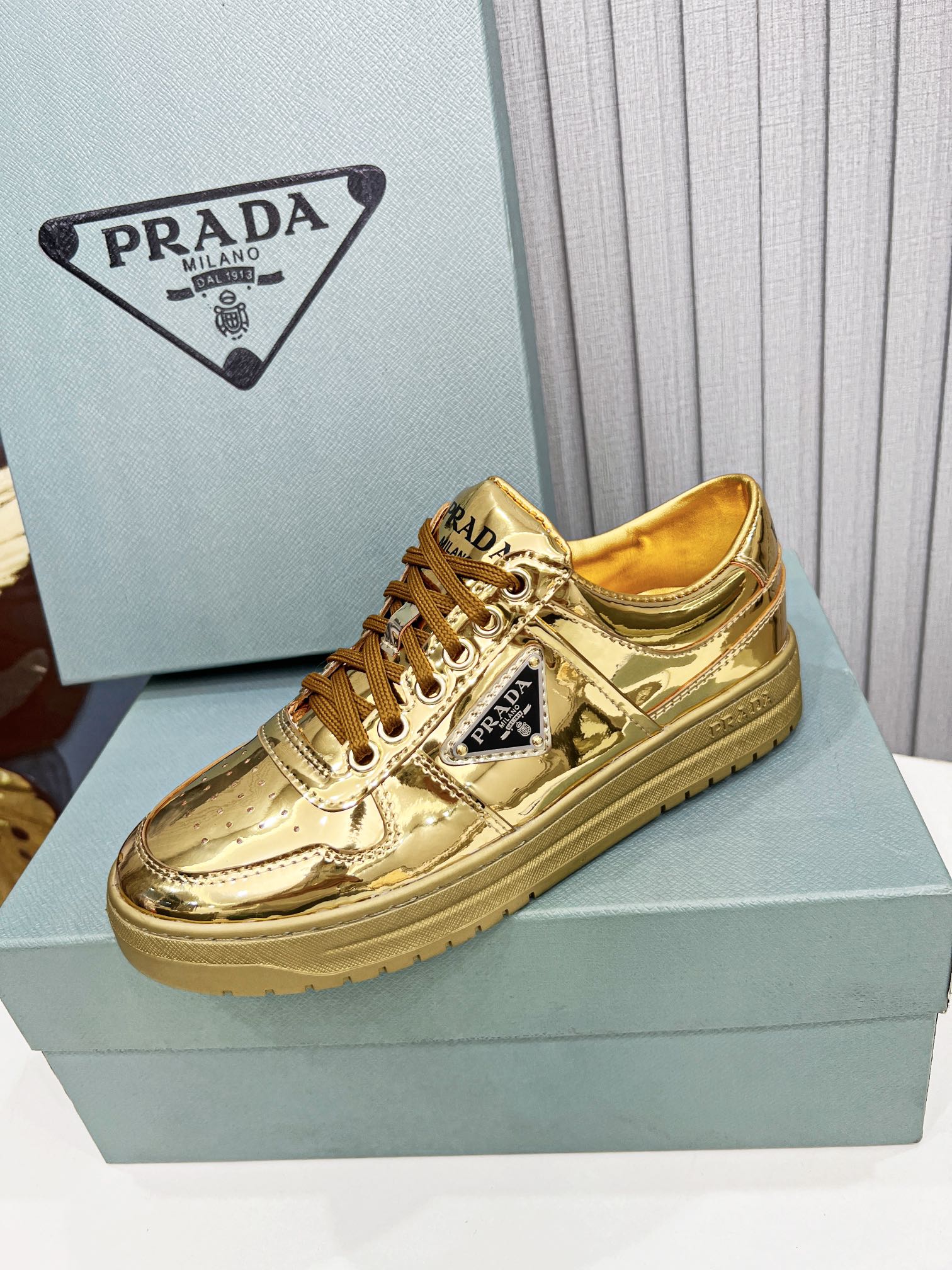 Prada Downtown Metallic Sneakers Gold Tone For Women 1.2 in/ 3 cm 1E792M_3AU1_F0522_F_030