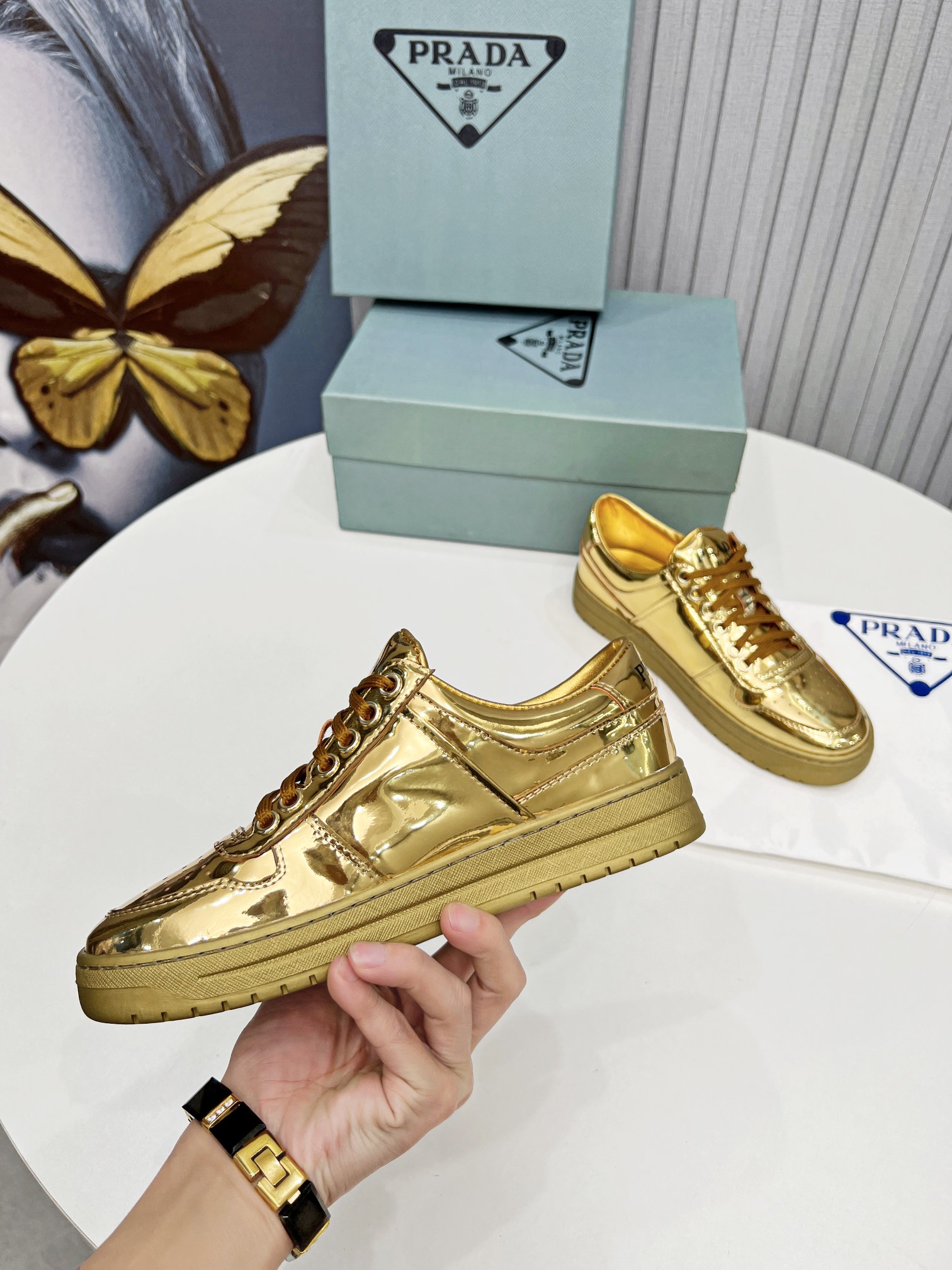 Prada Downtown Metallic Sneakers Gold Tone For Women 1.2 in/ 3 cm 1E792M_3AU1_F0522_F_030