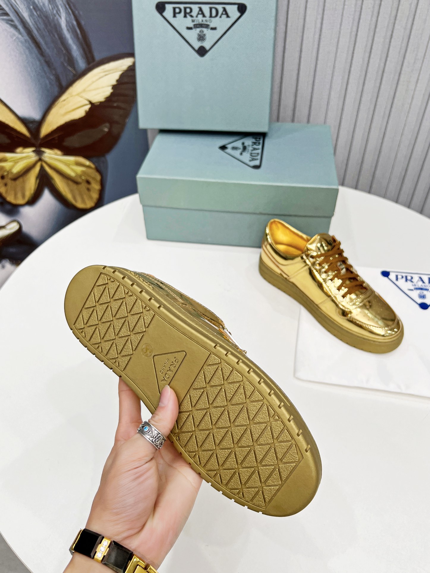 Prada Downtown Metallic Sneakers Gold Tone For Women 1.2 in/ 3 cm 1E792M_3AU1_F0522_F_030