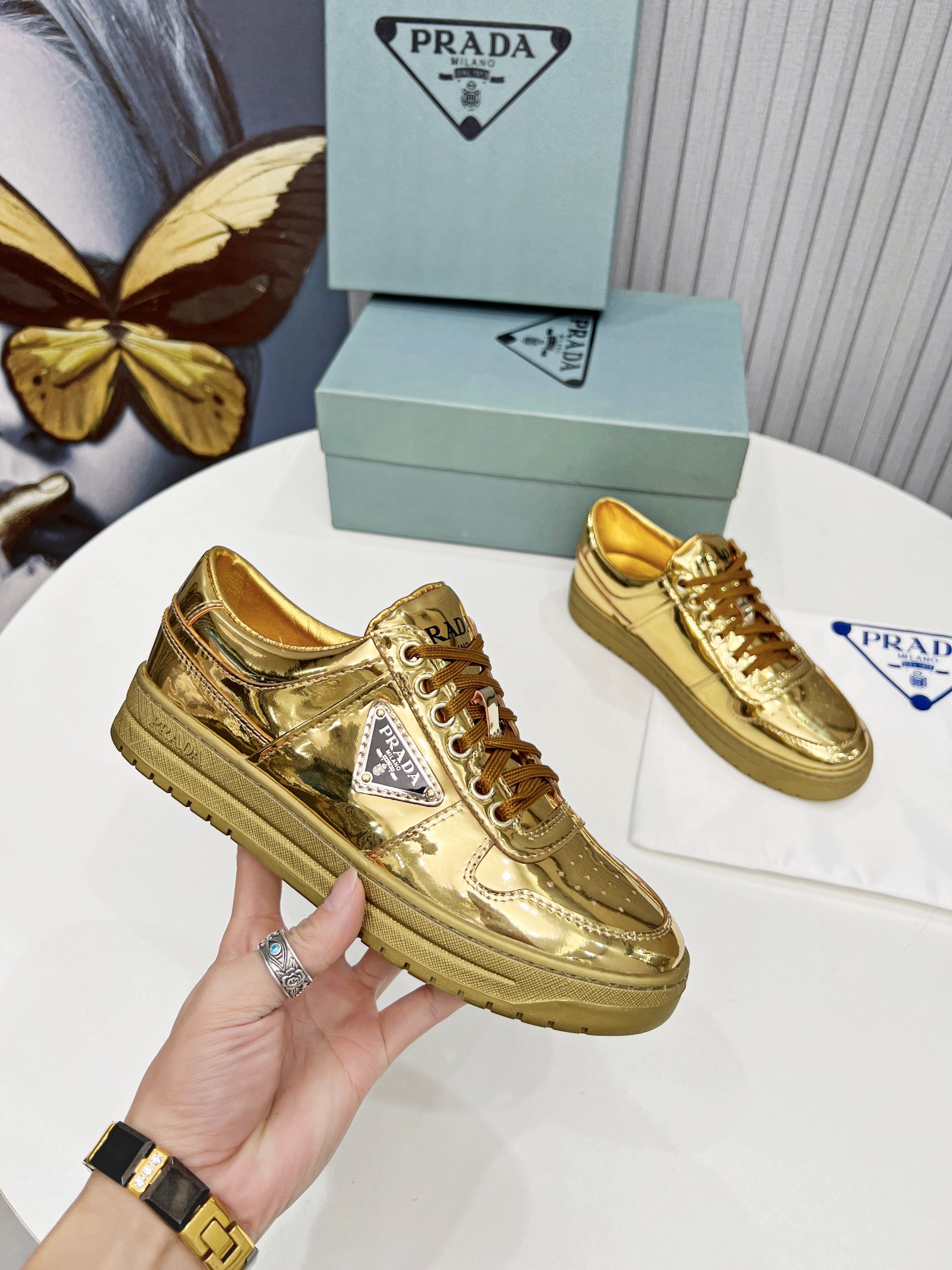 Prada Downtown Metallic Sneakers Gold Tone For Women 1.2 in/ 3 cm 1E792M_3AU1_F0522_F_030