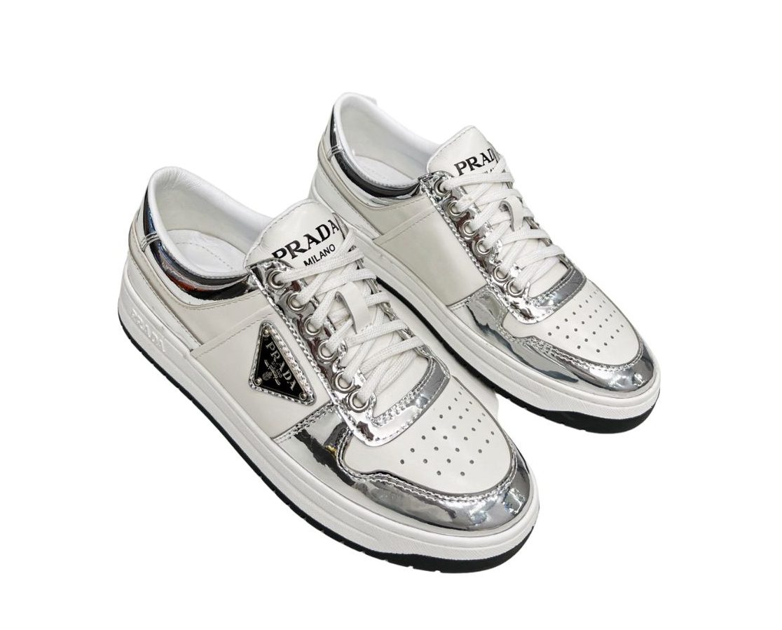 Prada Downtown Metallic Sneakers White For Women 1.2 in/ 3 cm