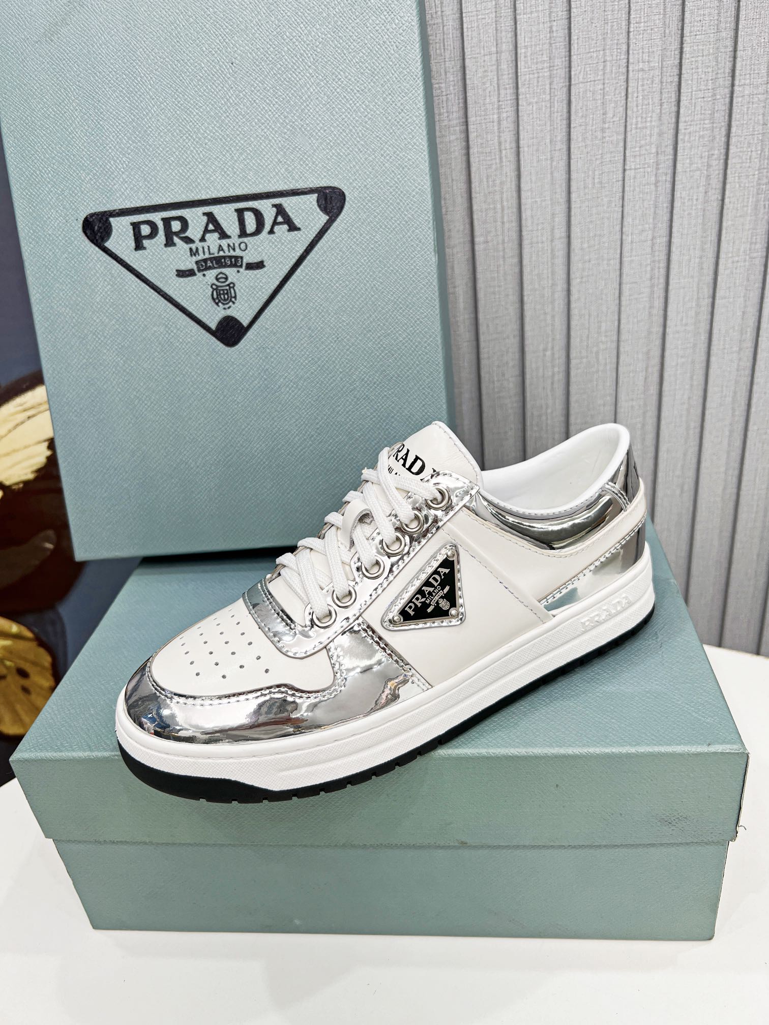 Prada Downtown Metallic Sneakers White For Women 1.2 in/ 3 cm
