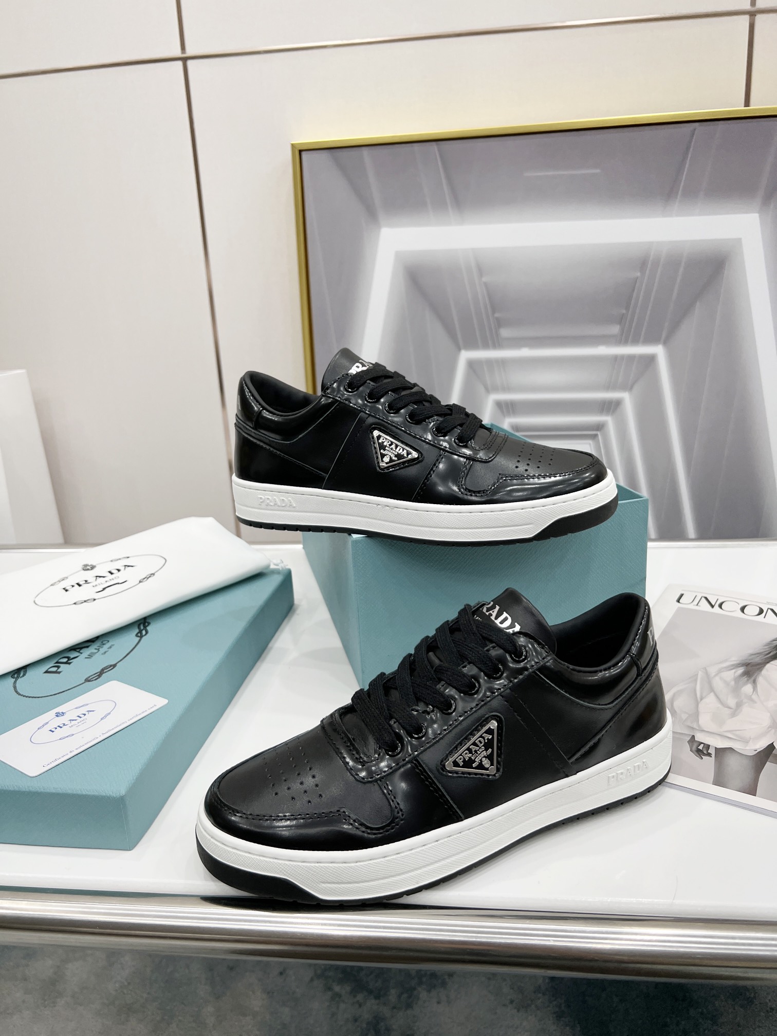 Prada Downtown Perforated Sneakers Black For Women 1.2in/30mm PRD 