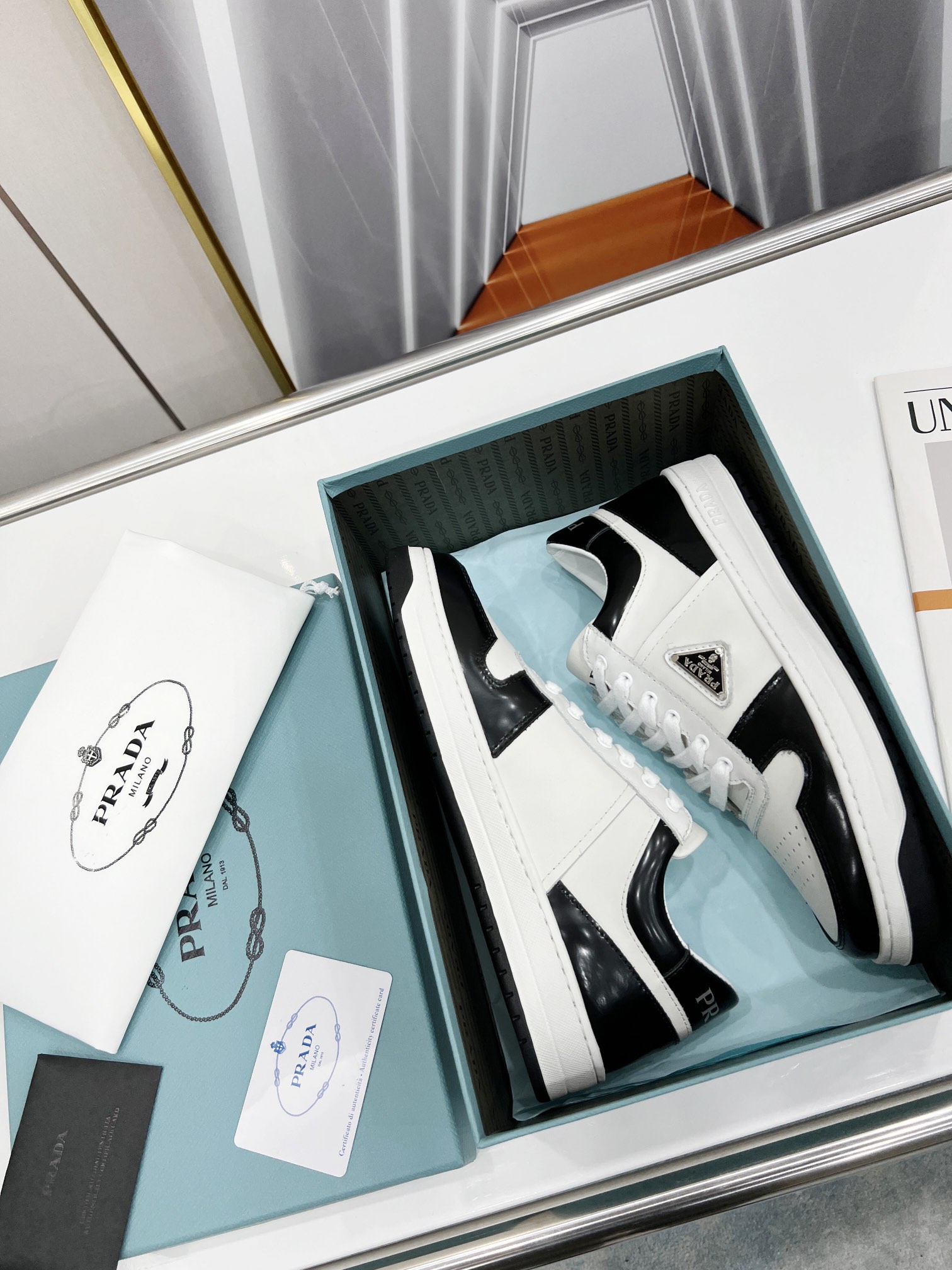 Prada Downtown Perforated Sneakers Black/White For Women 1.2in/30mm PRD 2EE364_3LKG_F0964