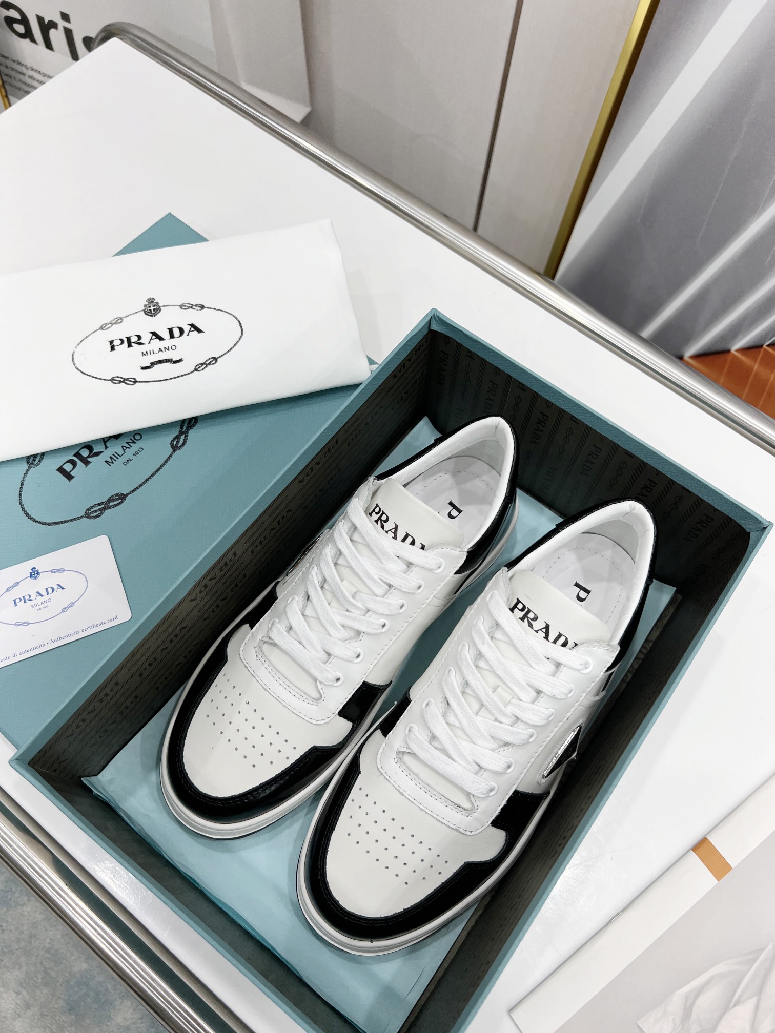 Prada Downtown Perforated Sneakers Black/White For Women 1.2in/30mm PRD 2EE364_3LKG_F0964