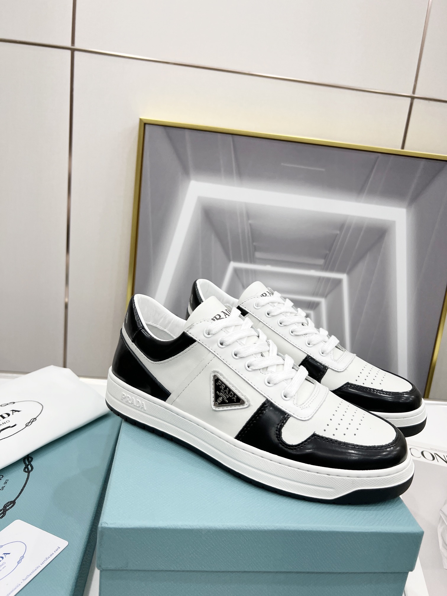 Prada Downtown Perforated Sneakers Black/White For Women 1.2in/30mm PRD 2EE364_3LKG_F0964