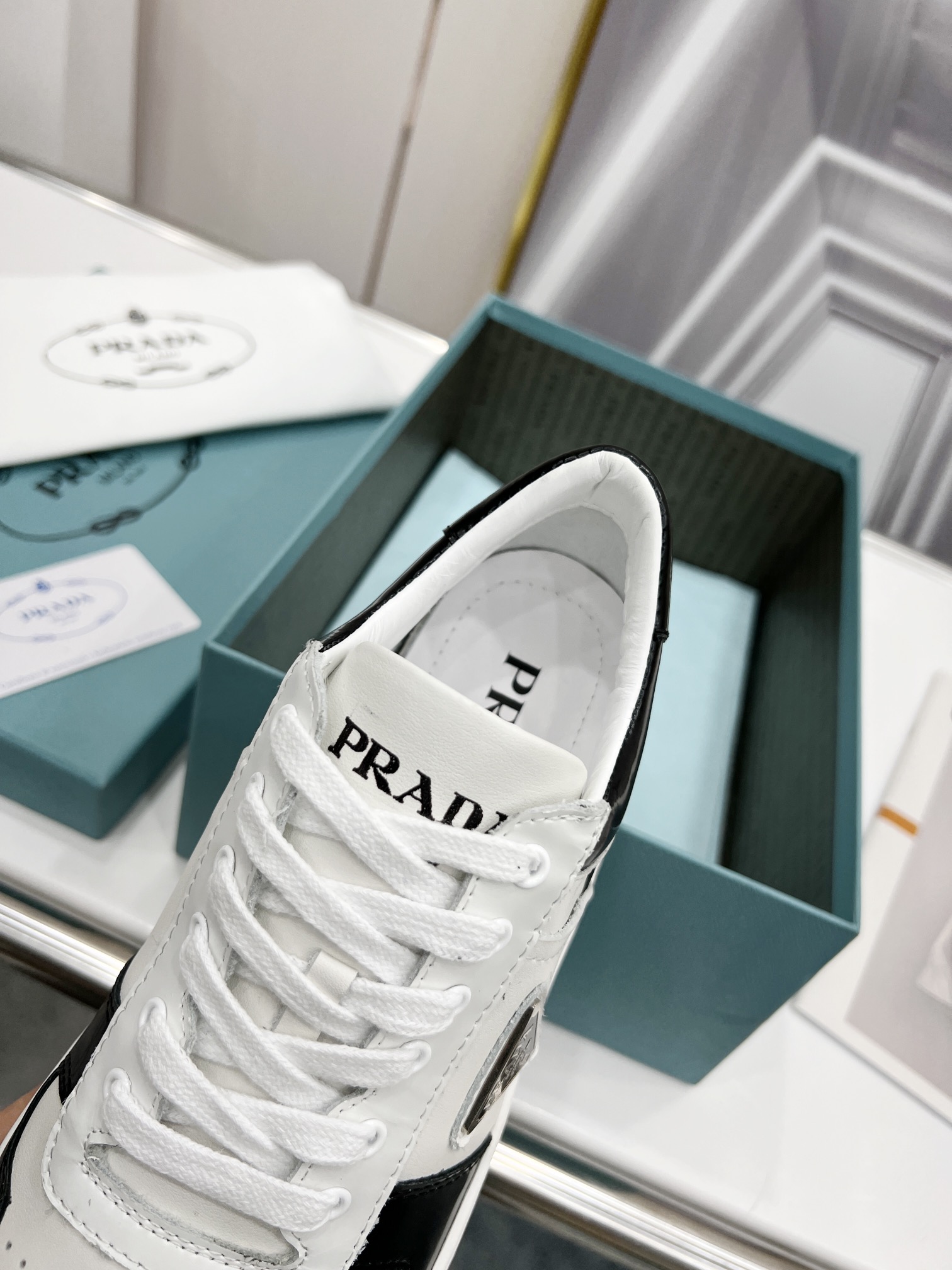 Prada Downtown Perforated Sneakers Black/White For Women 1.2in/30mm PRD 2EE364_3LKG_F0964