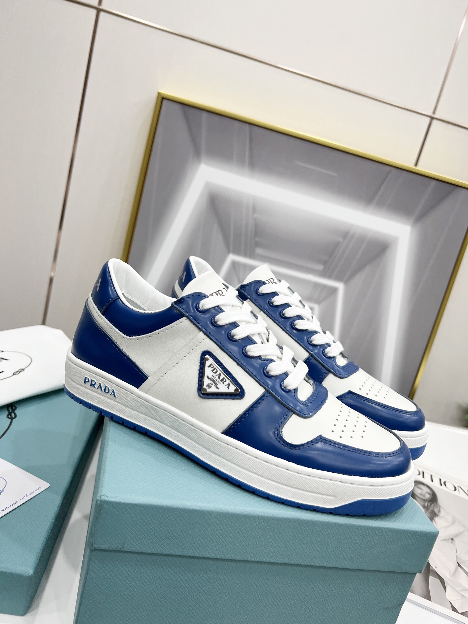 Prada Downtown Perforated Sneakers Blue/White For Women 1.2in/30mm PRD 2EE364_3LKG_F098Z