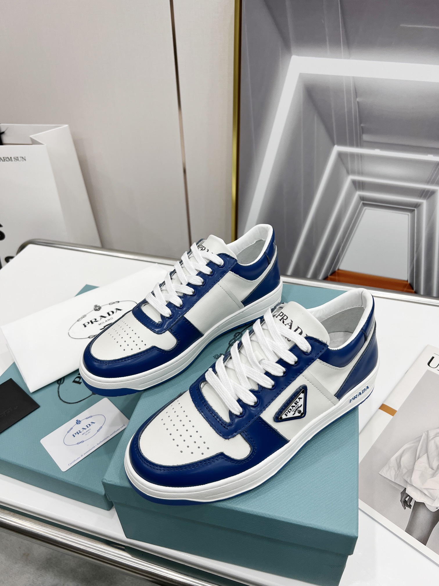 Prada Downtown Perforated Sneakers Blue/White For Women 1.2in/30mm PRD 2EE364_3LKG_F098Z