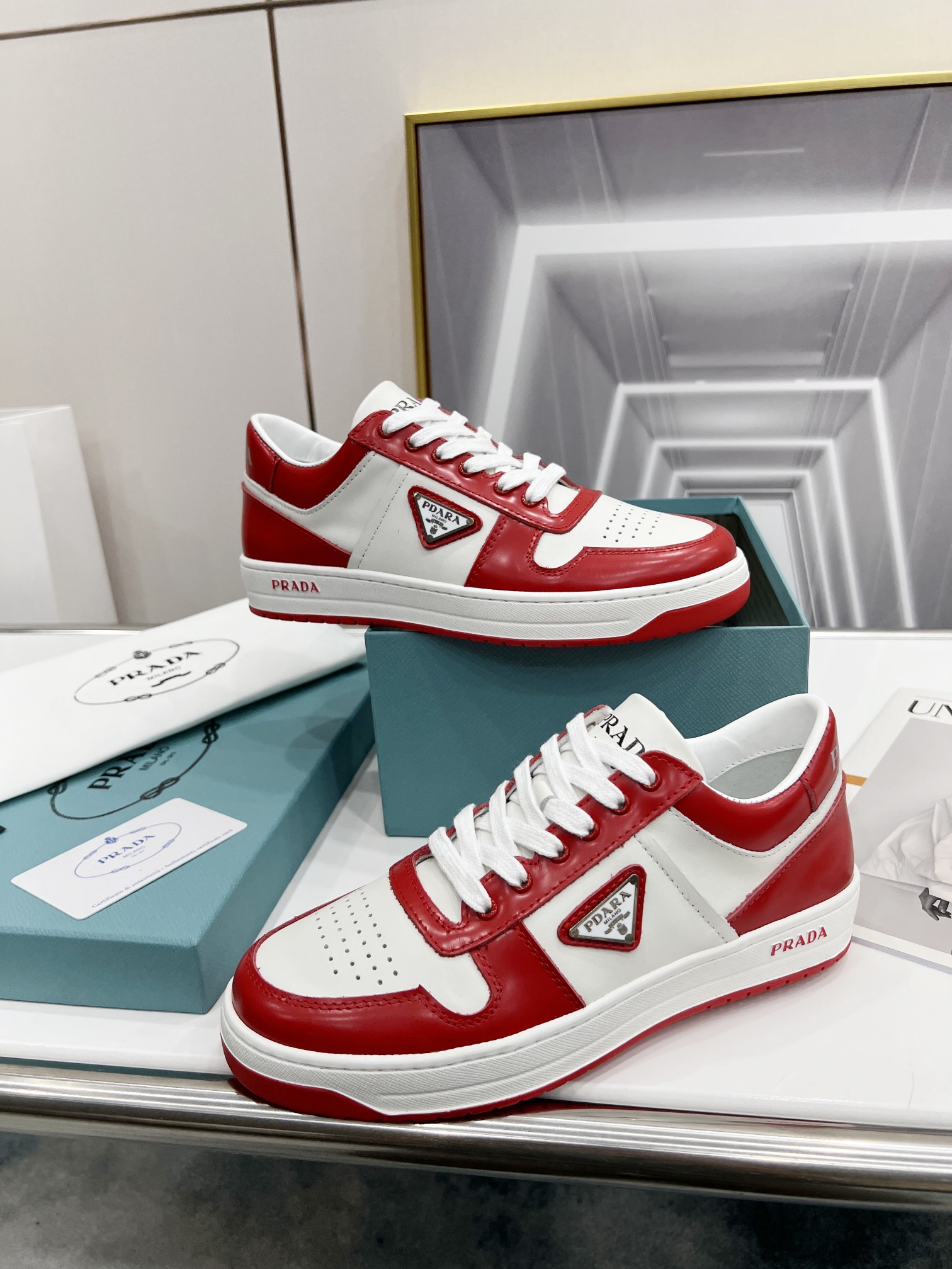 Prada Downtown Perforated Sneakers Red/White For Women 1.2in/30mm PRD 2EE364_3LKG_F0O3N