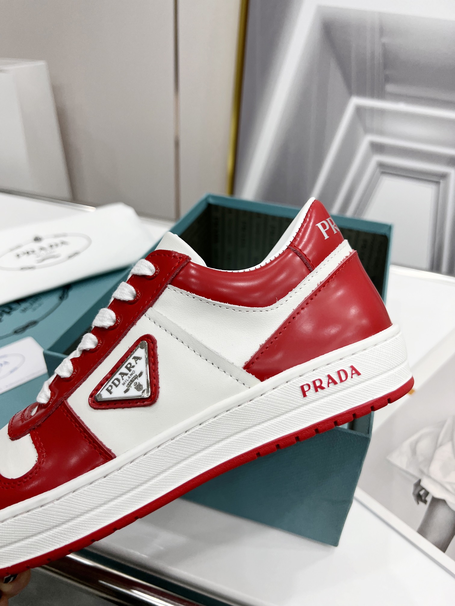 Prada Downtown Perforated Sneakers Red/White For Women 1.2in/30mm PRD 2EE364_3LKG_F0O3N