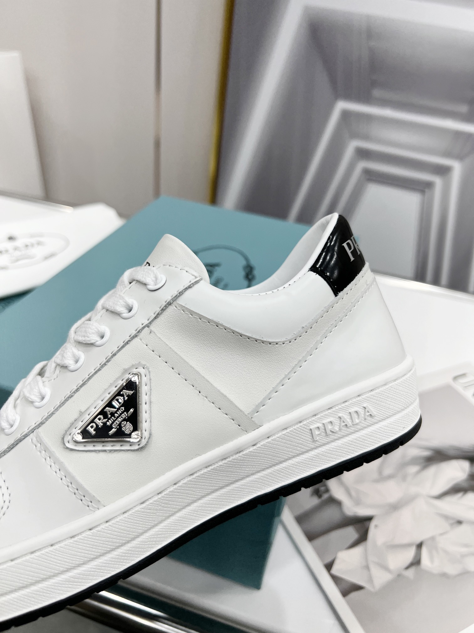 Prada Downtown Perforated Sneakers White/Black For Women 1.2in/30mm PRD  1E792M_3LJ6_F0964_F_030