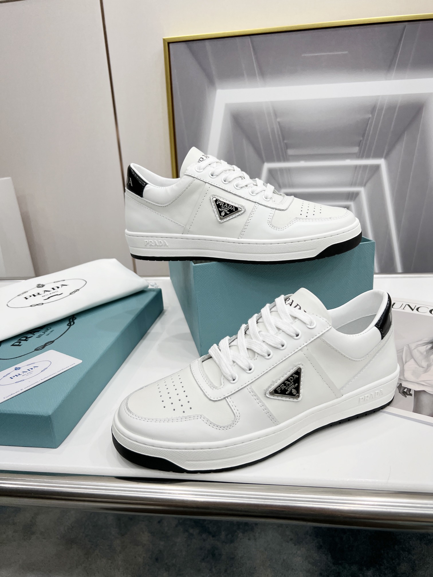 Prada Downtown Perforated Sneakers White/Black For Women 1.2in/30mm PRD  1E792M_3LJ6_F0964_F_030