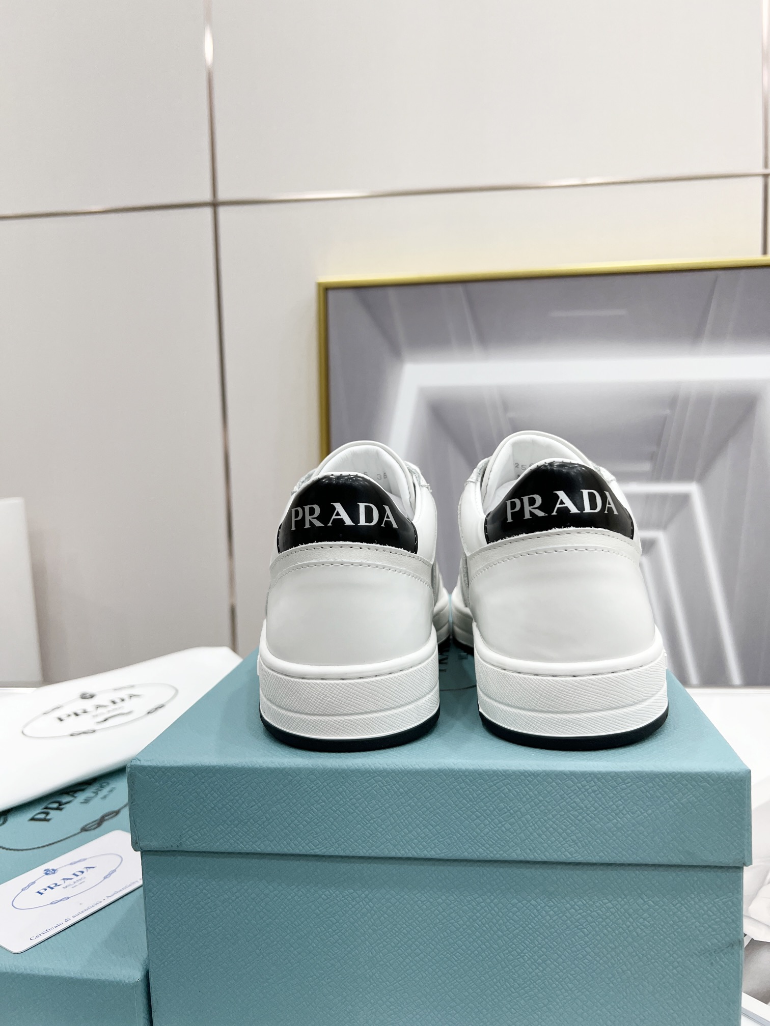 Prada Downtown Perforated Sneakers White/Black For Women 1.2in/30mm PRD  1E792M_3LJ6_F0964_F_030