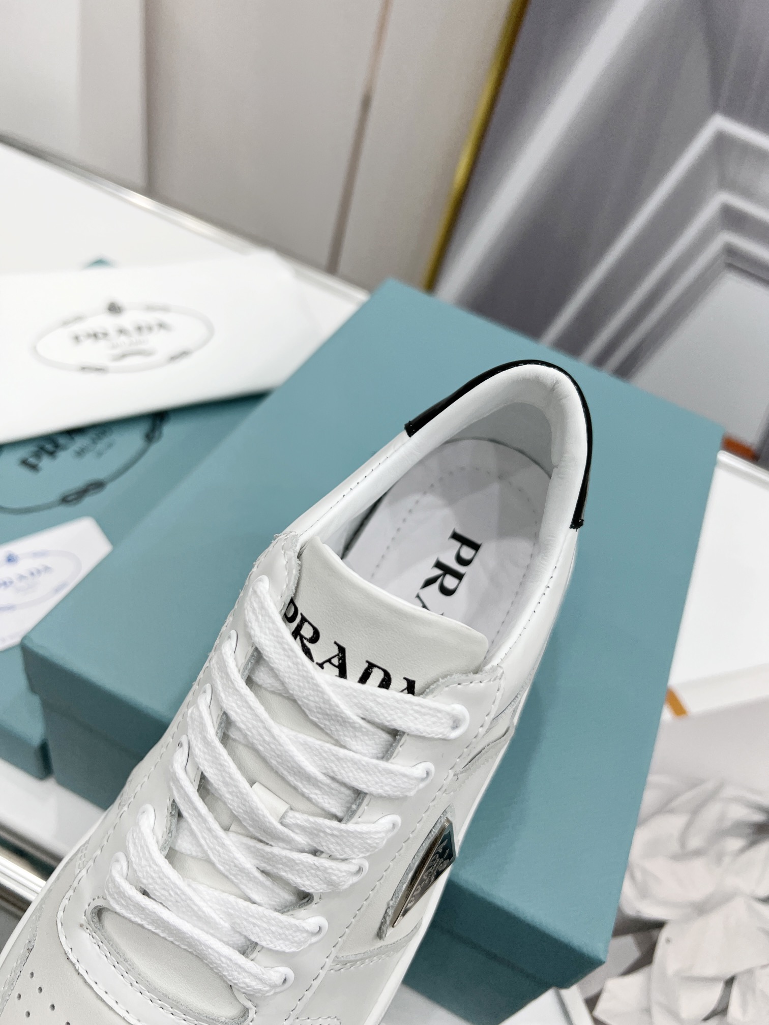 Prada Downtown Perforated Sneakers White/Black For Women 1.2in/30mm PRD  1E792M_3LJ6_F0964_F_030