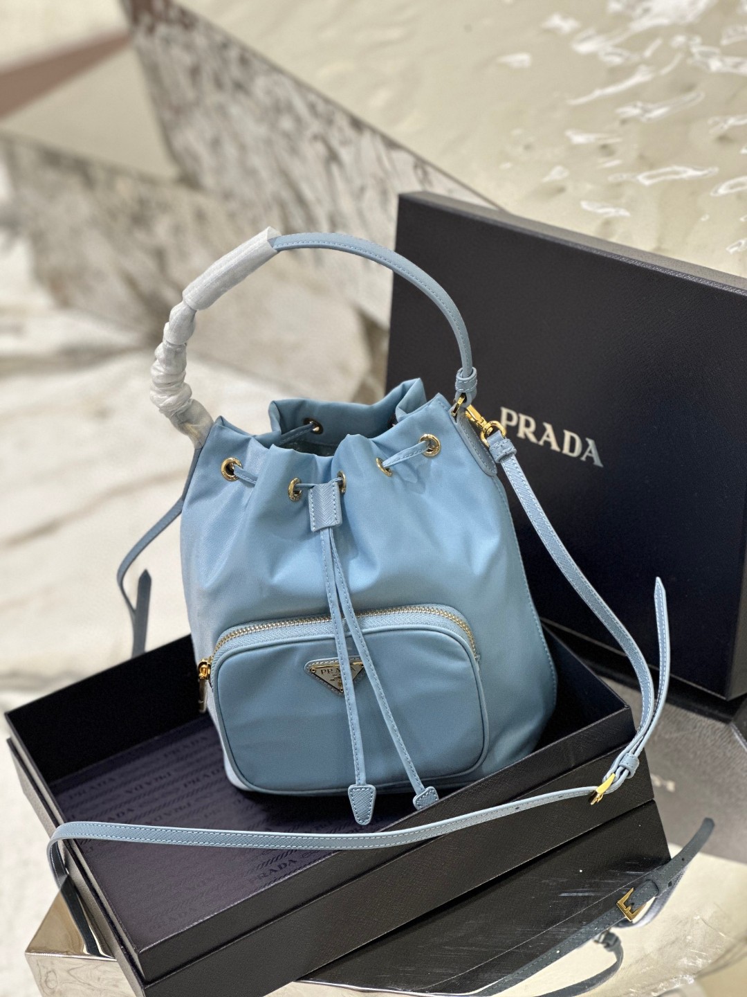 Prada Duet Bucket Shoulder Bag Black/Blue For Women 8.6 in / 22.5 cm 1BH038_RV44_F0002_V_UOO