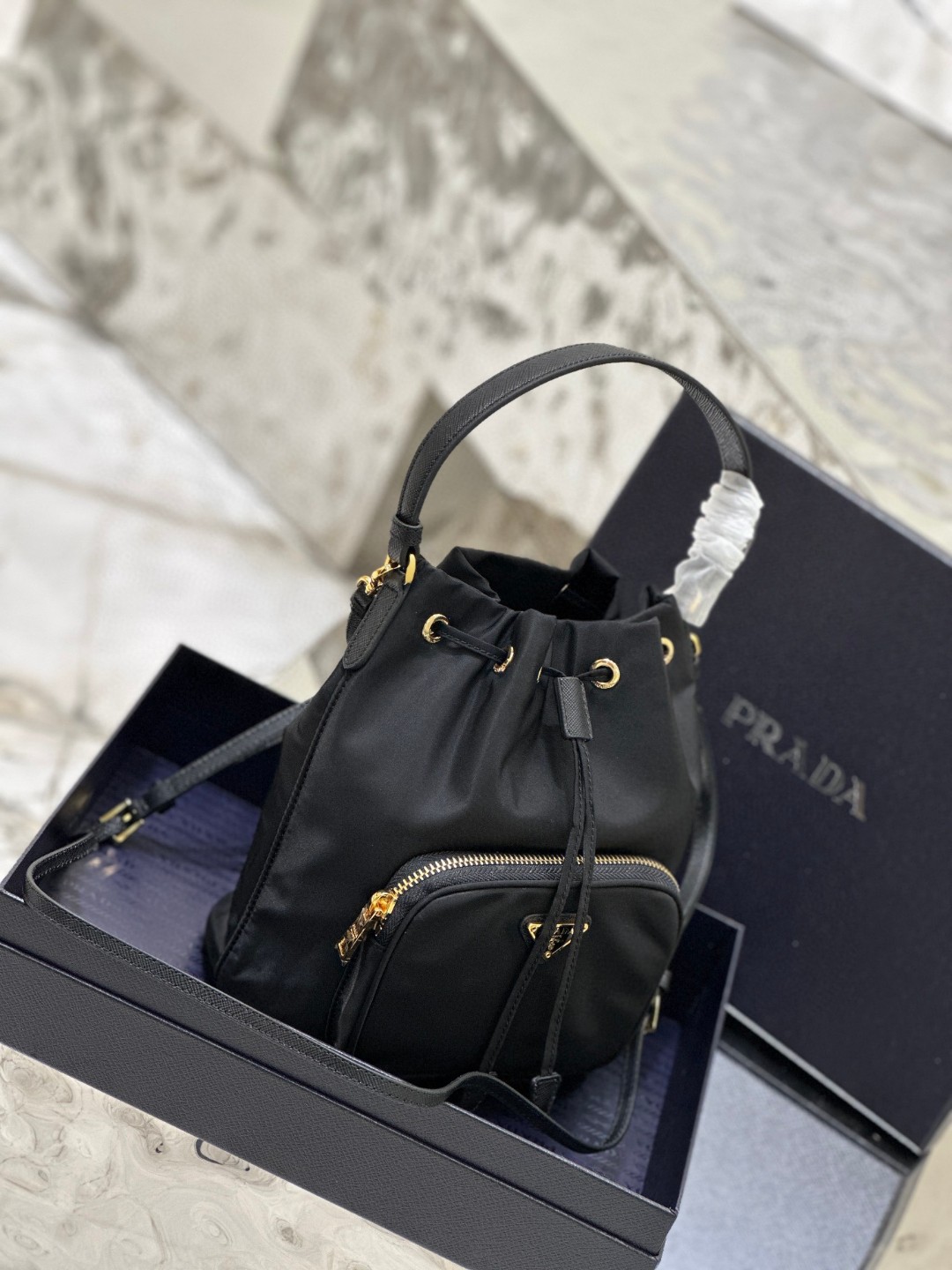 Prada Duet Bucket Shoulder Bag Black/Blue For Women 8.6 in / 22.5 cm 1BH038_RV44_F0002_V_UOO