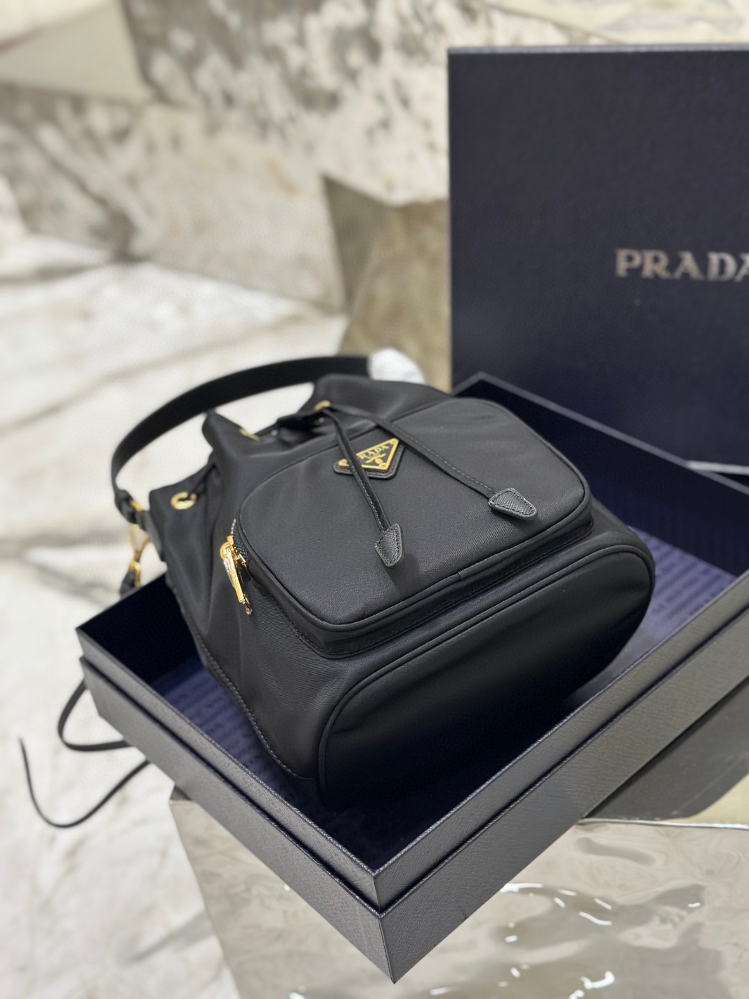 Prada Duet Bucket Shoulder Bag Black/Blue For Women 8.6 in / 22.5 cm 1BH038_RV44_F0002_V_UOO
