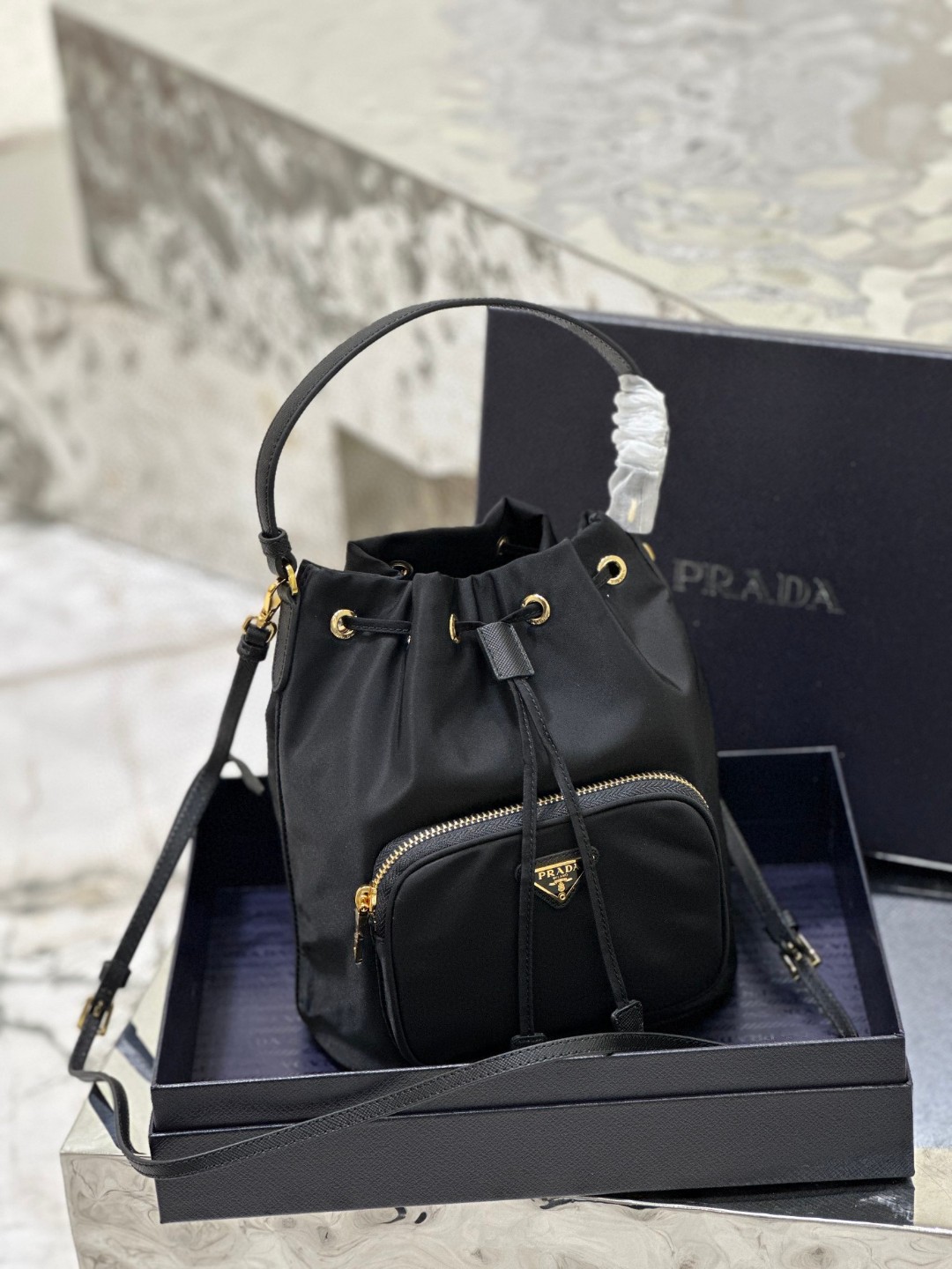 Prada Duet Bucket Shoulder Bag Black/Blue For Women 8.6 in / 22.5 cm 1BH038_RV44_F0002_V_UOO