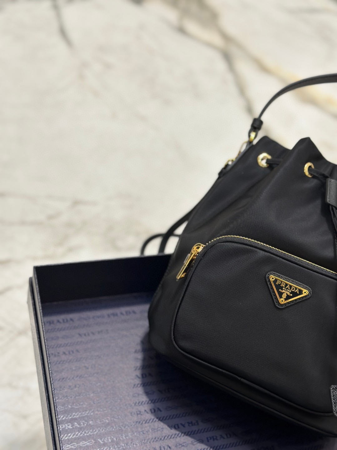 Prada Duet Bucket Shoulder Bag Black/Blue For Women 8.6 in / 22.5 cm 1BH038_RV44_F0002_V_UOO