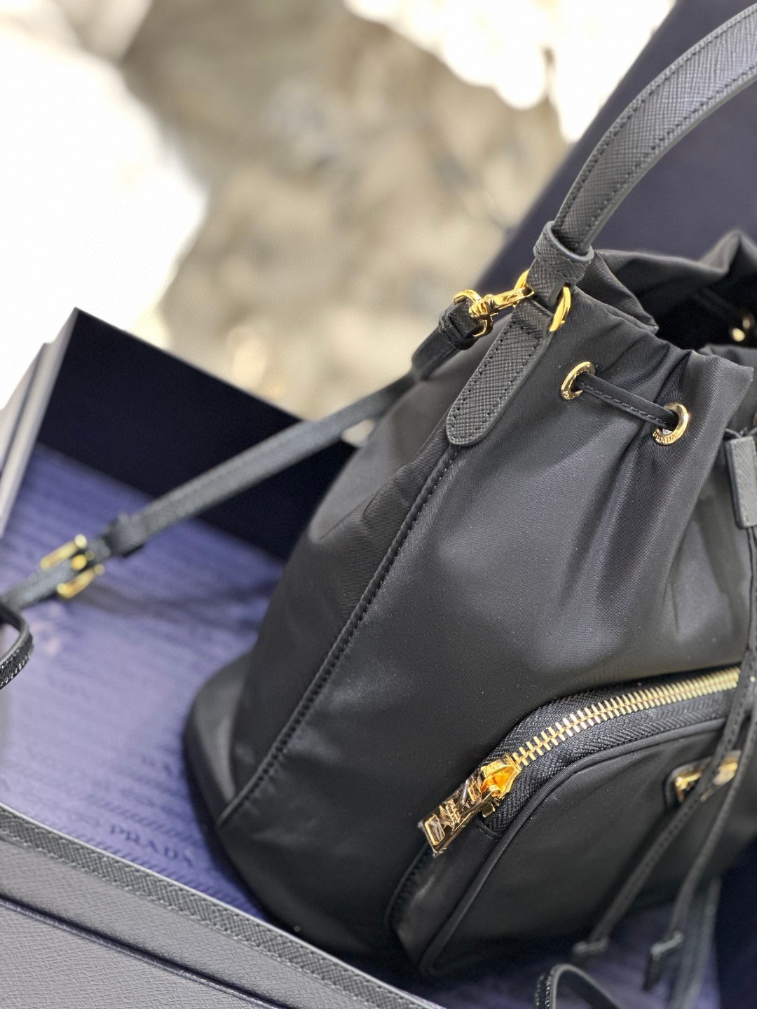 Prada Duet Bucket Shoulder Bag Black/Blue For Women 8.6 in / 22.5 cm 1BH038_RV44_F0002_V_UOO
