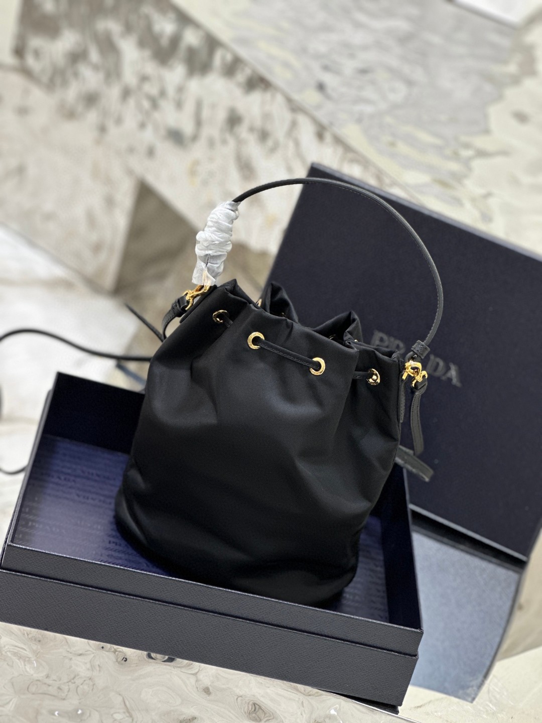 Prada Duet Bucket Shoulder Bag Black/Blue For Women 8.6 in / 22.5 cm 1BH038_RV44_F0002_V_UOO