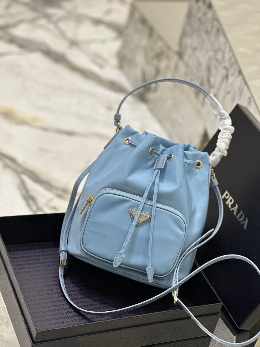 Prada Duet Bucket Shoulder Bag Black/Blue For Women 8.6 in / 22.5 cm 1BH038_RV44_F0002_V_UOO