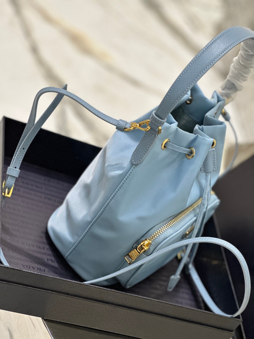 Prada Duet Bucket Shoulder Bag Black/Blue For Women 8.6 in / 22.5 cm 1BH038_RV44_F0002_V_UOO