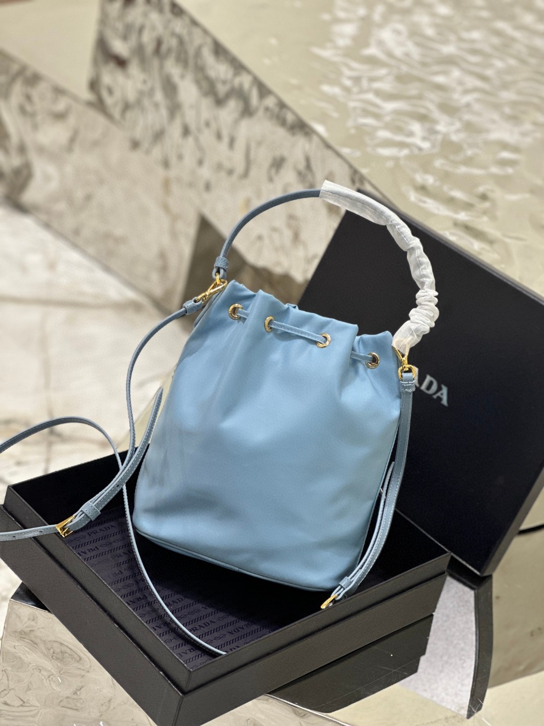 Prada Duet Bucket Shoulder Bag Black/Blue For Women 8.6 in / 22.5 cm 1BH038_RV44_F0002_V_UOO