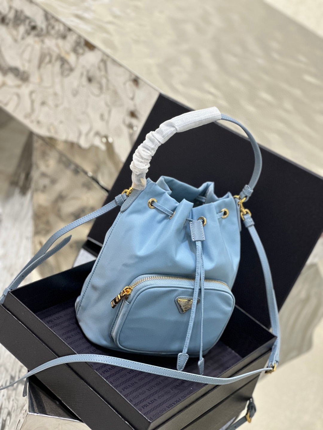Prada Duet Bucket Shoulder Bag Black/Blue For Women 8.6 in / 22.5 cm 1BH038_RV44_F0002_V_UOO