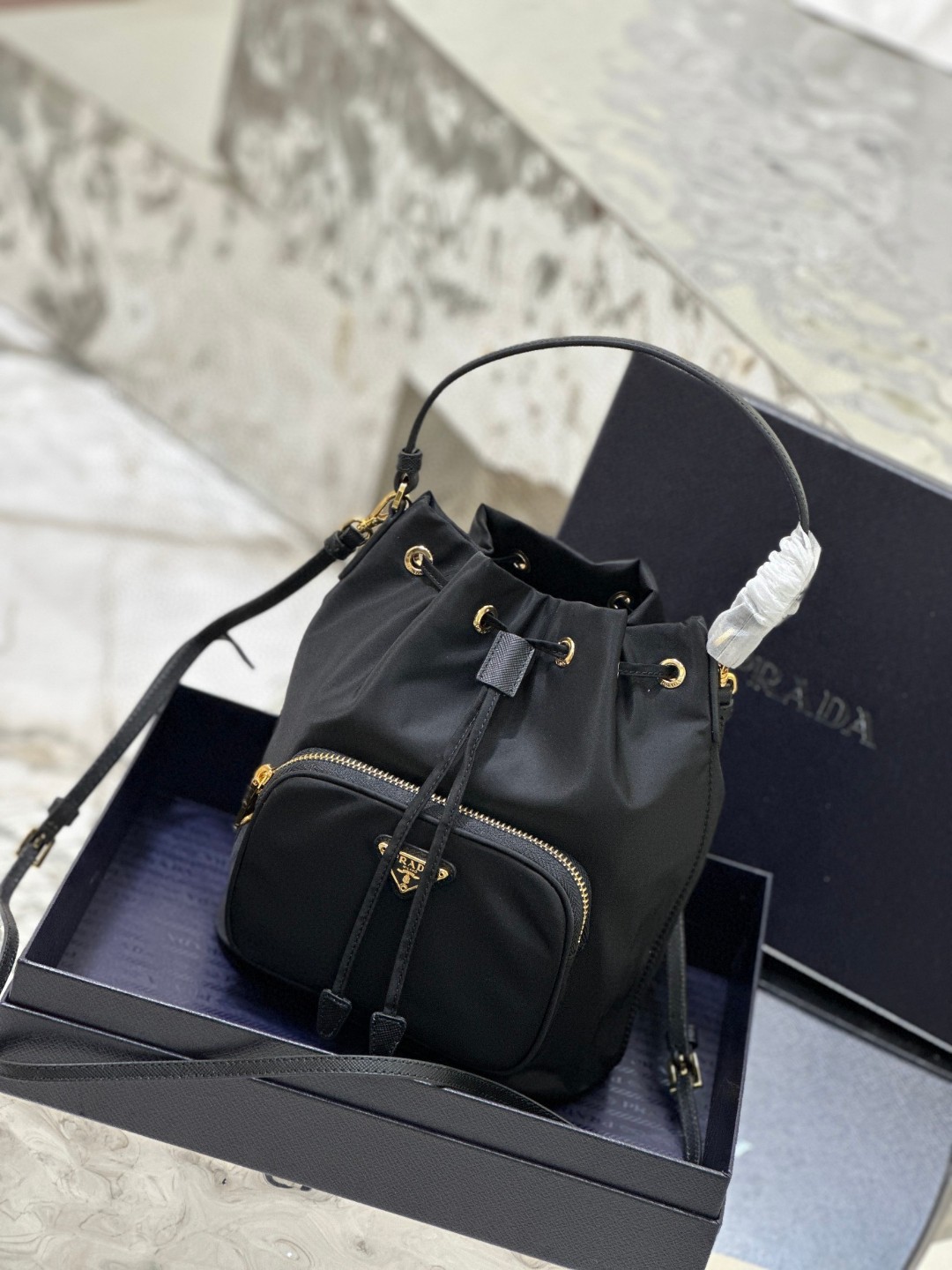 Prada Duet Bucket Shoulder Bag Black/Blue For Women 8.6 in / 22.5 cm 1BH038_RV44_F0002_V_UOO